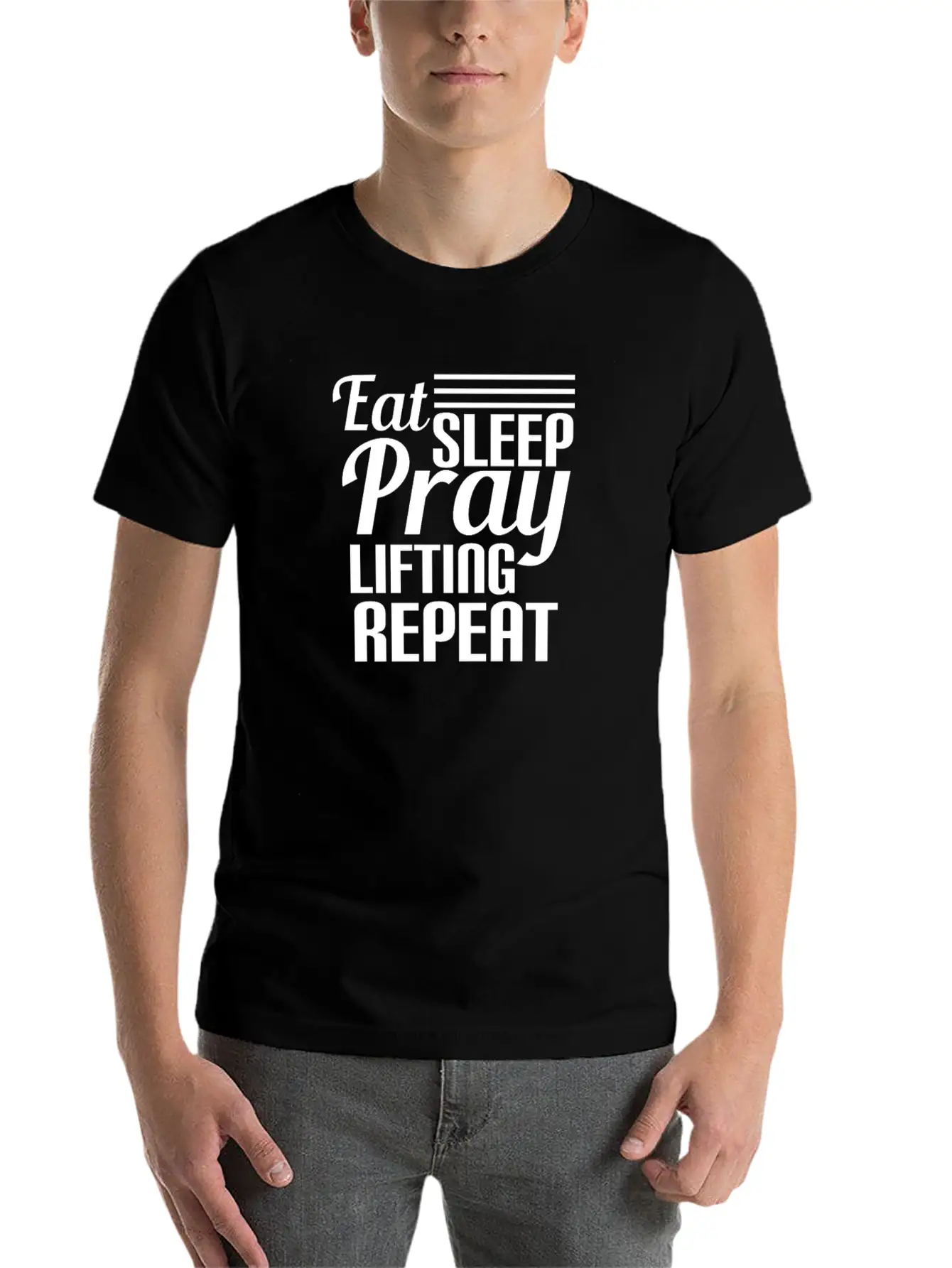 Eat Rest Pray Lifting Repeat Funny Workout Essential Unisex Summer Tee – Soft Cotton Casual Fit