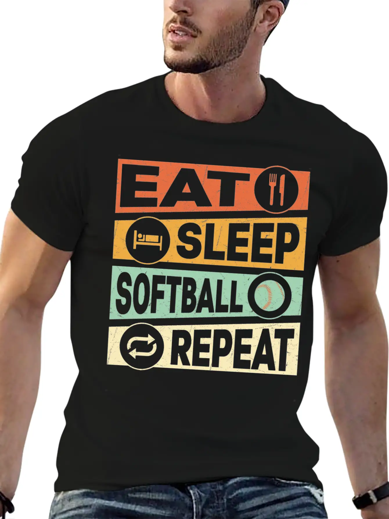 Eat Sleep Softball Repeat Baseball Team Unisex Short Sleeve Soft Cotton T-Shirt – Casual Everyday Wear