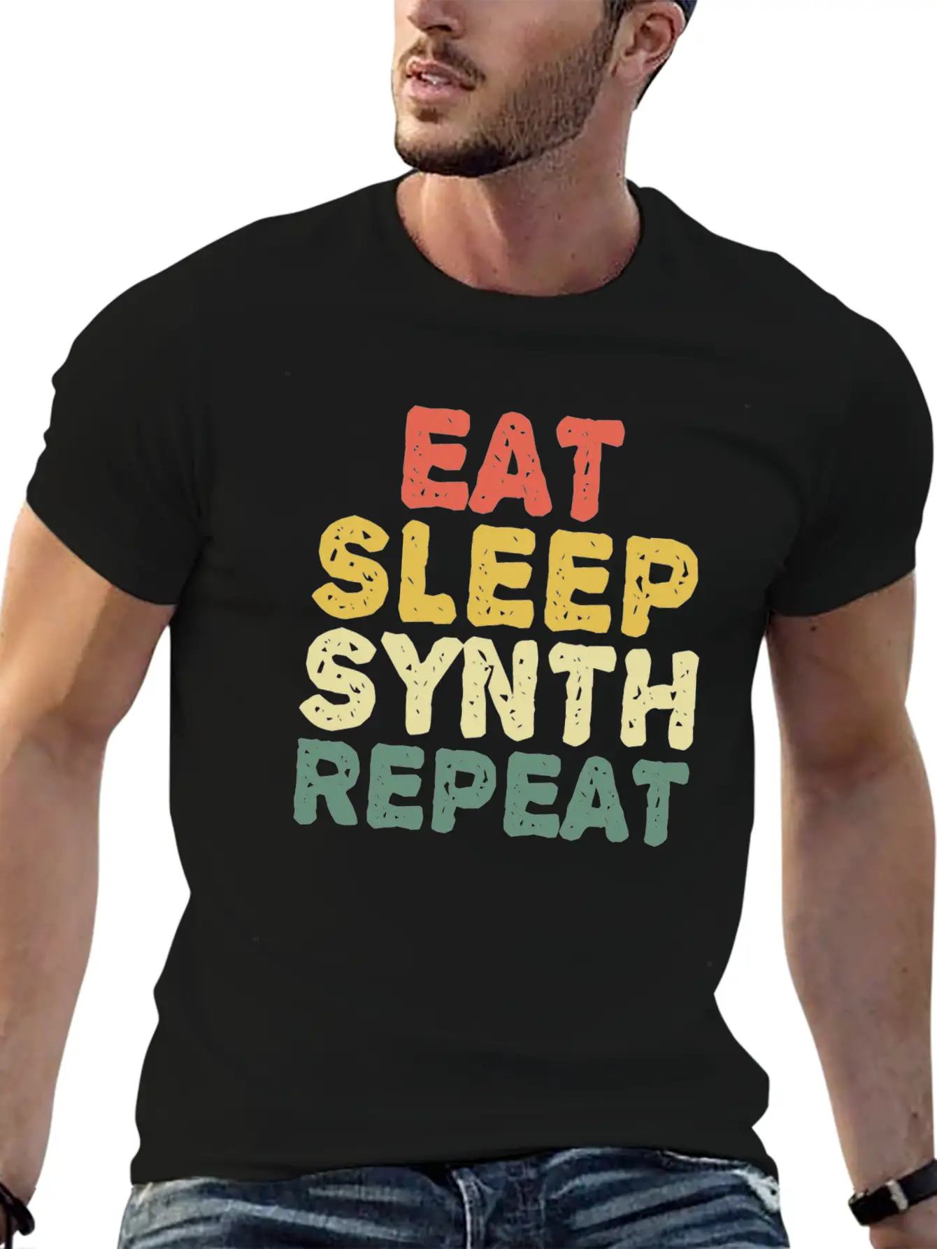 Eat Synth Repeat Synthesizer Musician Keyboard Unisex Short Sleeve Soft Cotton T-Shirt – Casual Everyday Wear