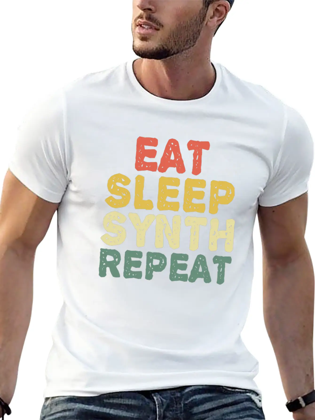 Eat Synth Repeat Synthesizer Musician Keyboard Unisex Short Sleeve Soft Cotton T-Shirt – Casual Everyday Wear