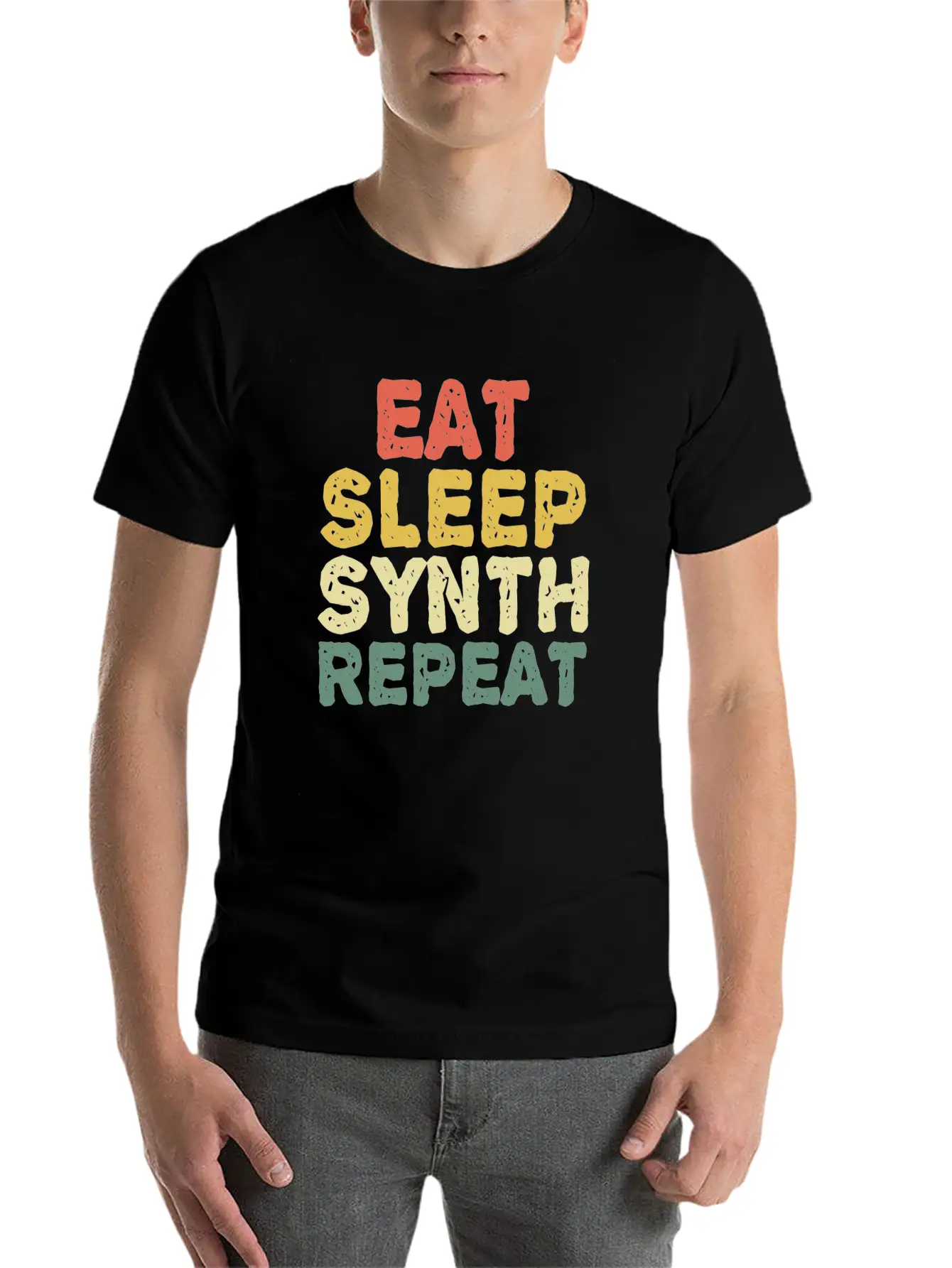 Eat Synth Repeat Synthesizer Musician Keyboard Unisex Short Sleeve Soft Cotton T-Shirt – Casual Everyday Wear