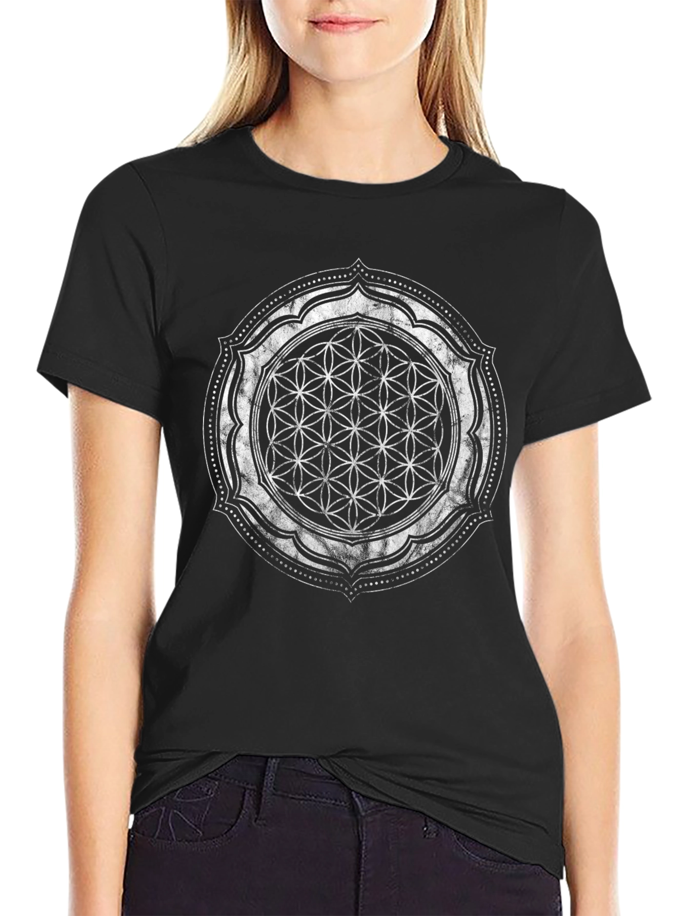 Mens Black T-Shirt with Flower of Life Design