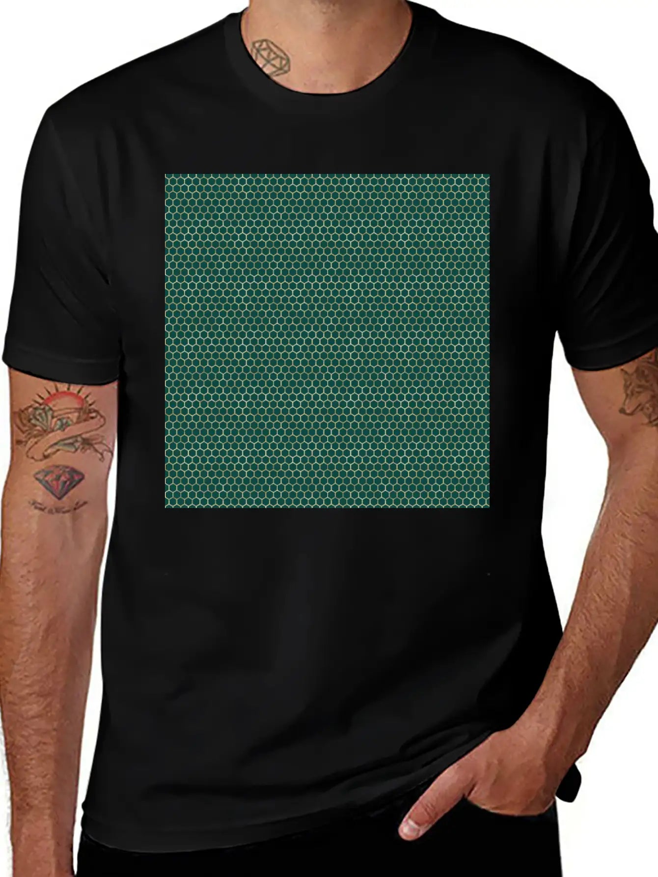 Emerald Green Gold Honeycomb Pattern Timeless Short Sleeve Tee – Comfy And Minimalist Design