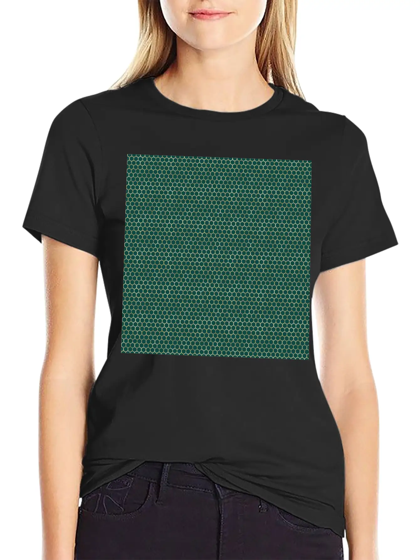 Emerald Green Gold Honeycomb Pattern Timeless Short Sleeve Tee – Comfy And Minimalist Design