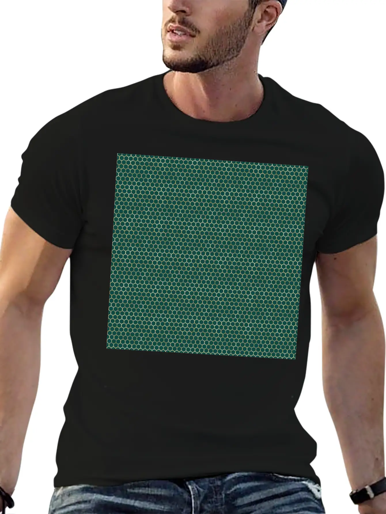 Emerald Green Gold Honeycomb Pattern Timeless Short Sleeve Tee – Comfy And Minimalist Design