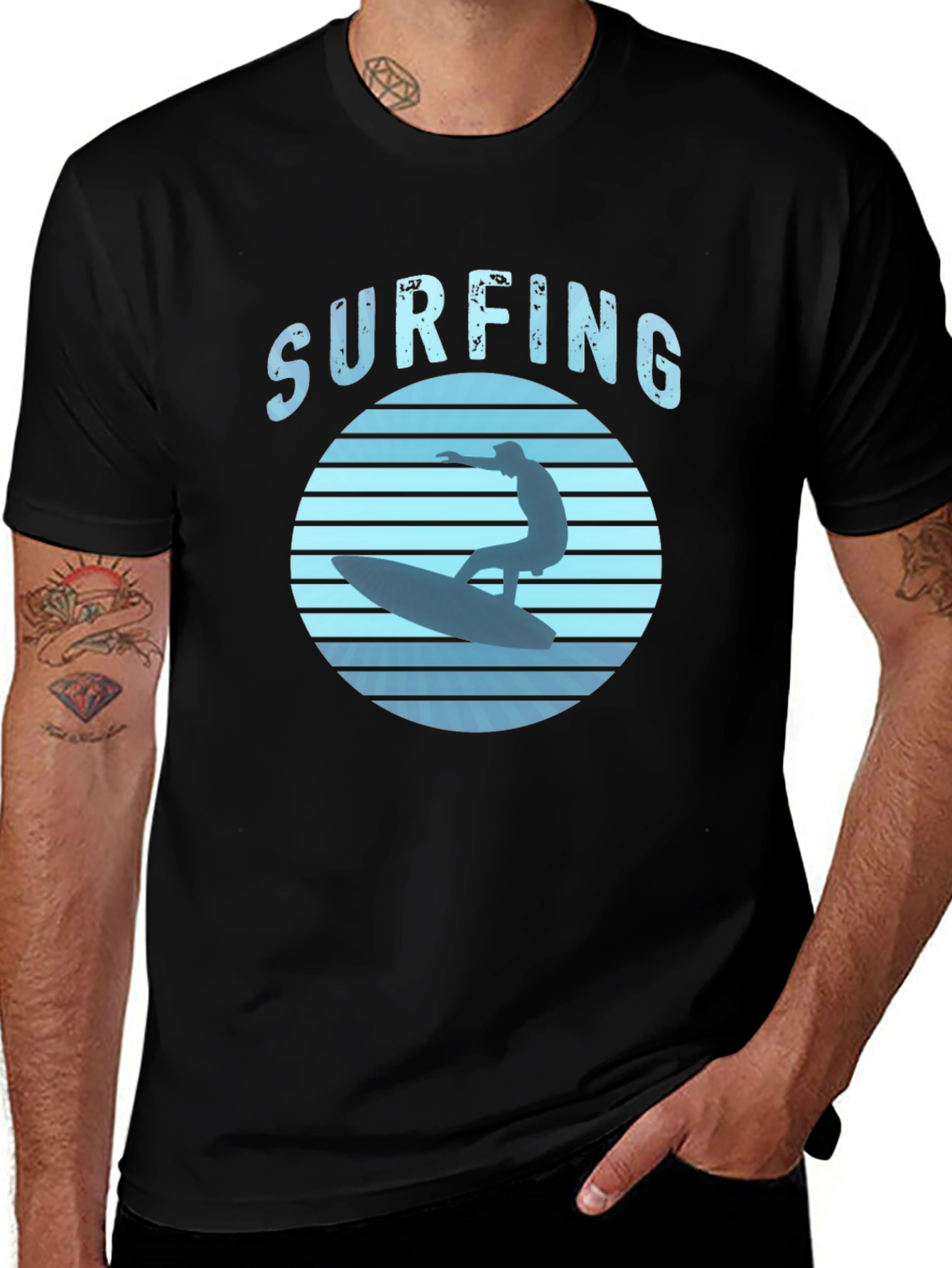 Surfing Graphic Tee - Black Cotton T-Shirt