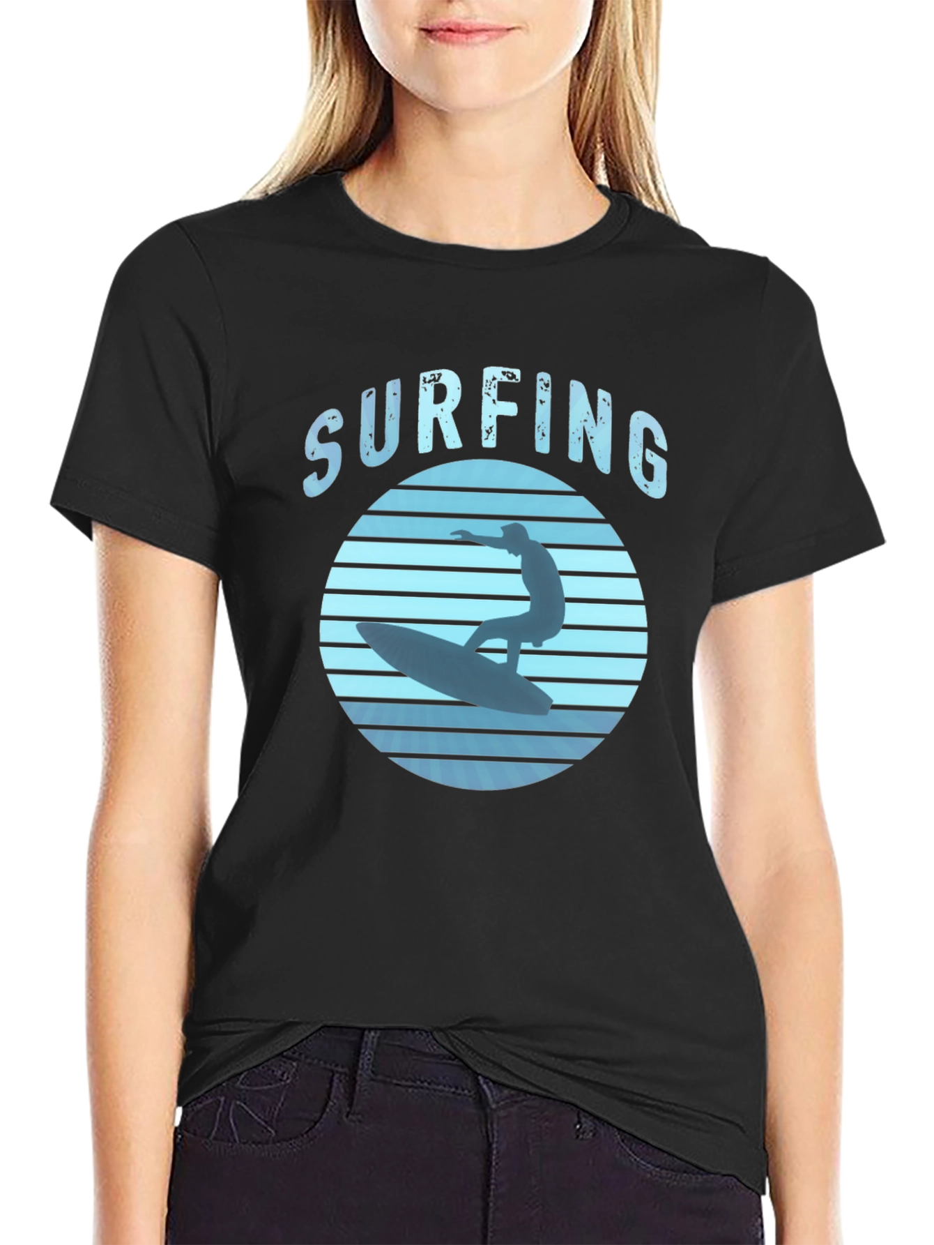 Surfing Graphic Tee - Black Cotton T-Shirt