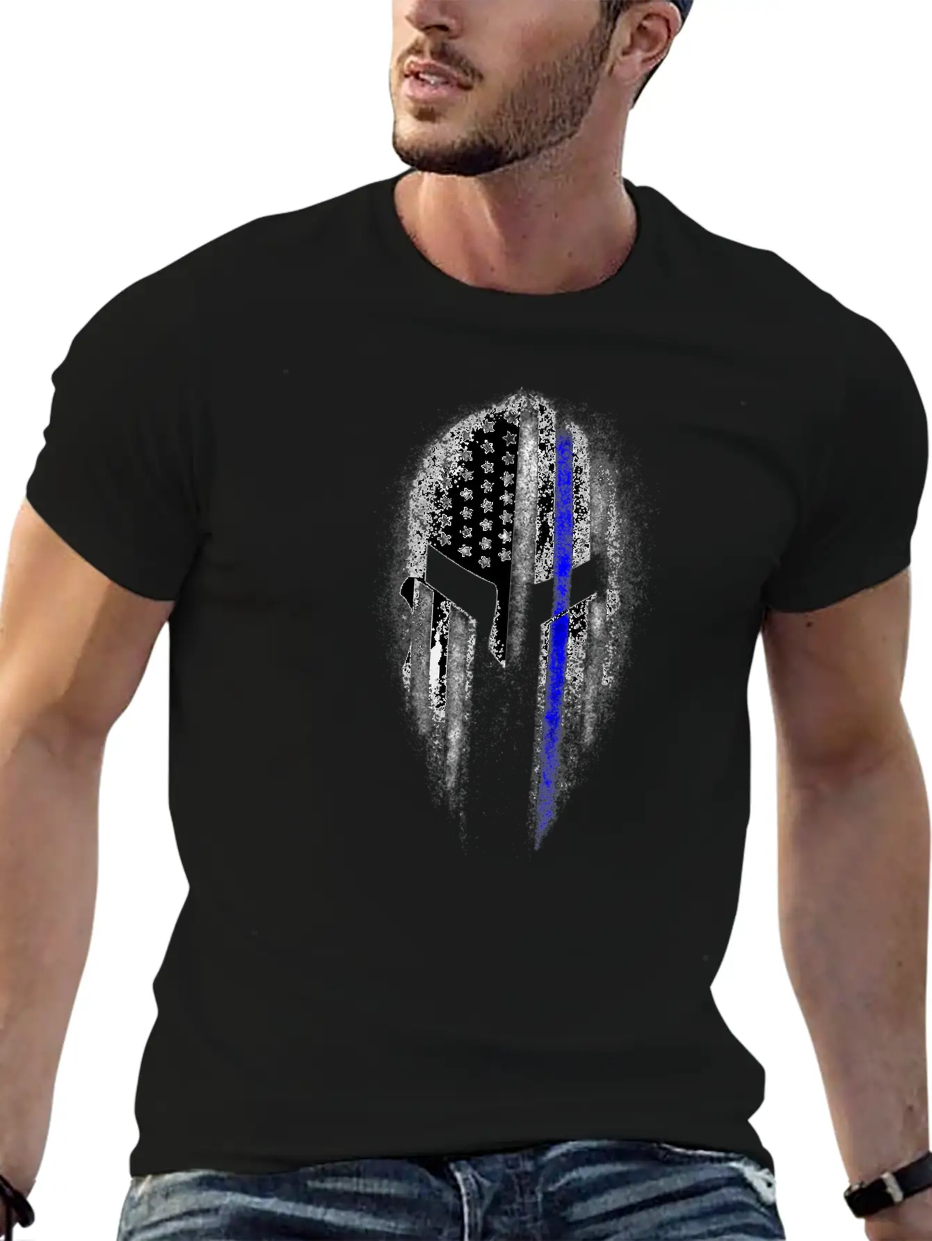 Epic American Thin Blue Line USA Flag Spartan Stylish Everyday T-Shirt – Unisex Basic Cotton Tee