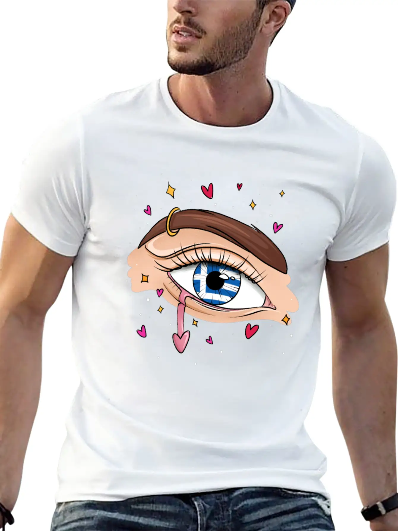 Eyes With Greek Flag Unisex Short Sleeve Soft Cotton T-Shirt – Casual Everyday Wear