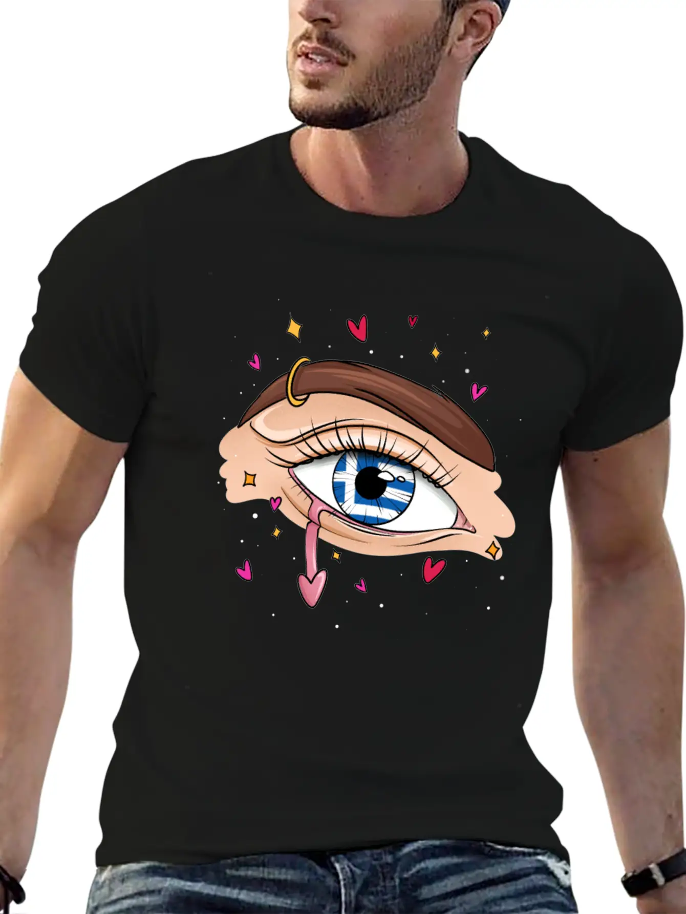 Eyes With Greek Flag Unisex Short Sleeve Soft Cotton T-Shirt – Casual Everyday Wear