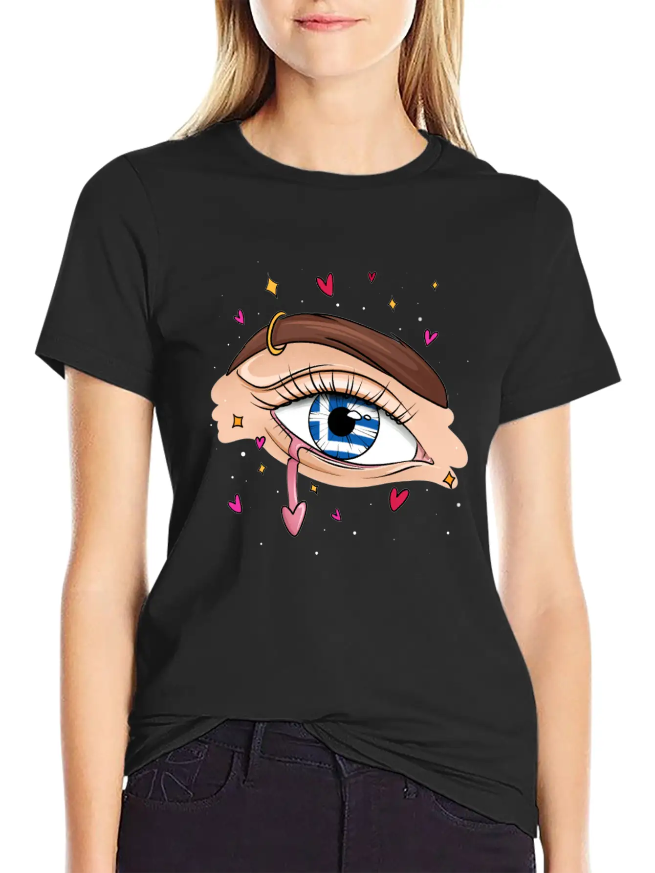 Eyes With Greek Flag Unisex Short Sleeve Soft Cotton T-Shirt – Casual Everyday Wear