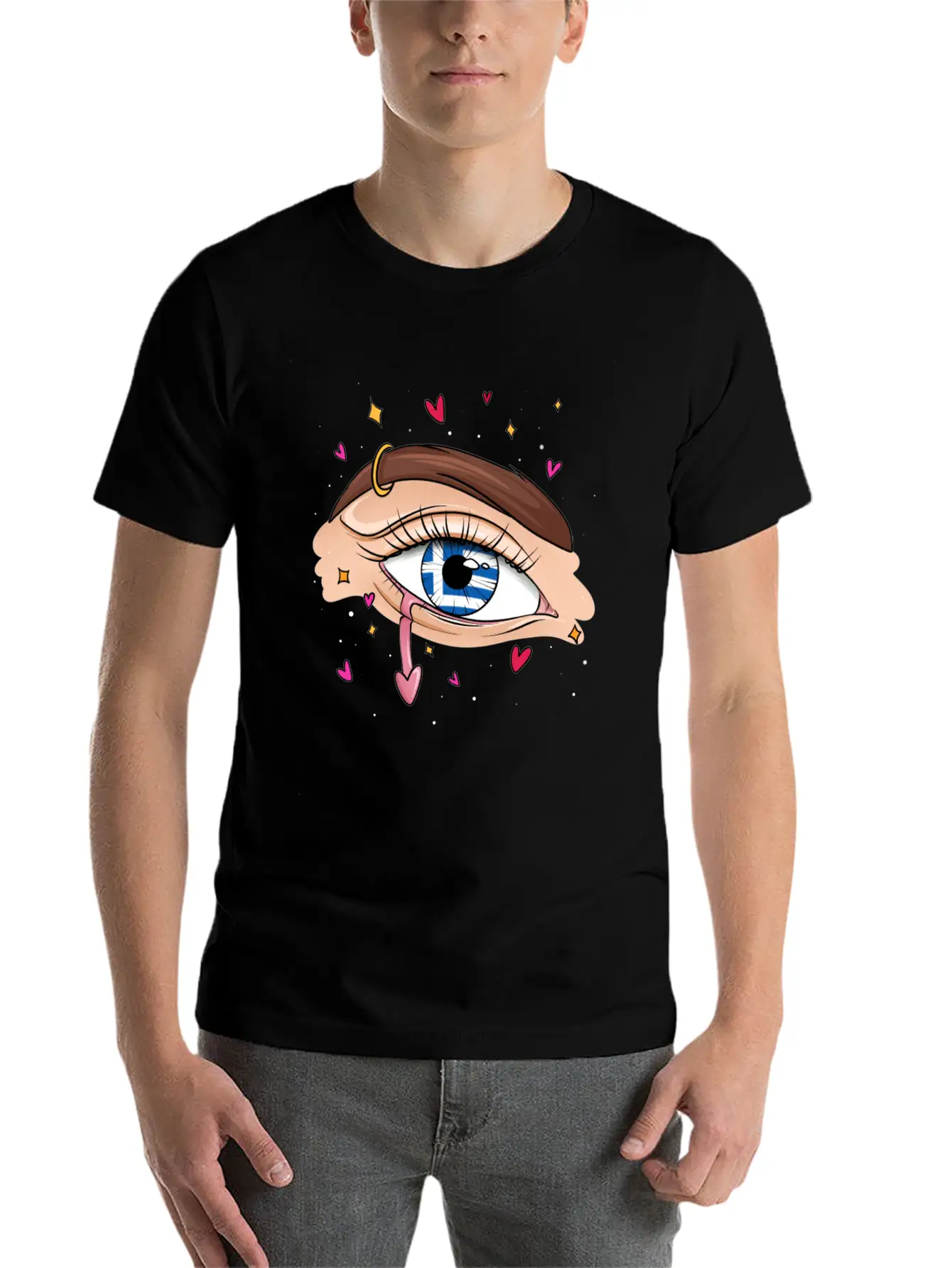 Eyes With Greek Flag Unisex Short Sleeve Soft Cotton T-Shirt – Casual Everyday Wear