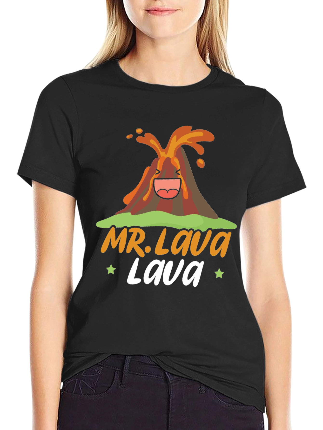 Mr. Lava Volcano Cartoon Graphic Print Black Tee