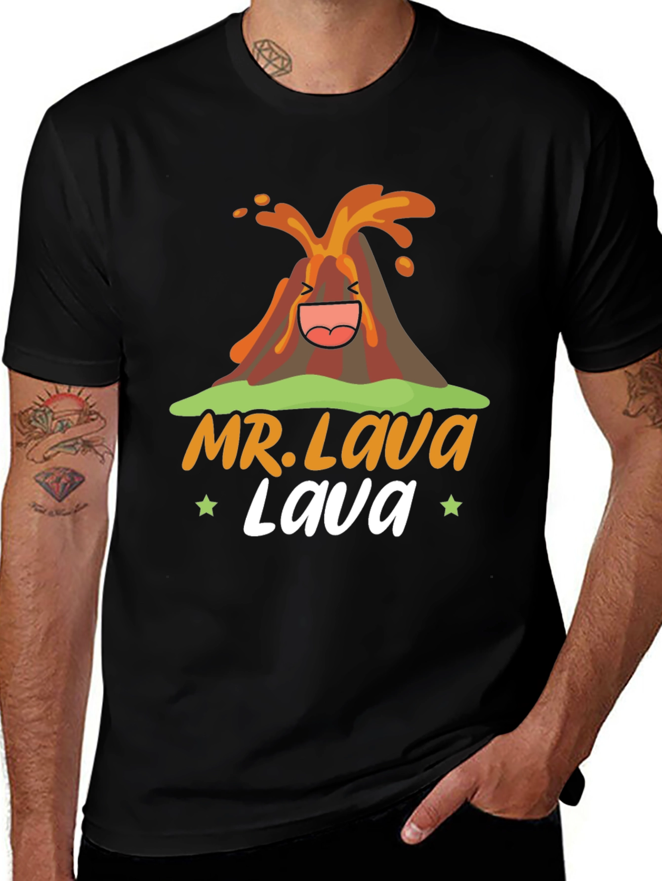 Mr. Lava Volcano Cartoon Graphic Print Black Tee