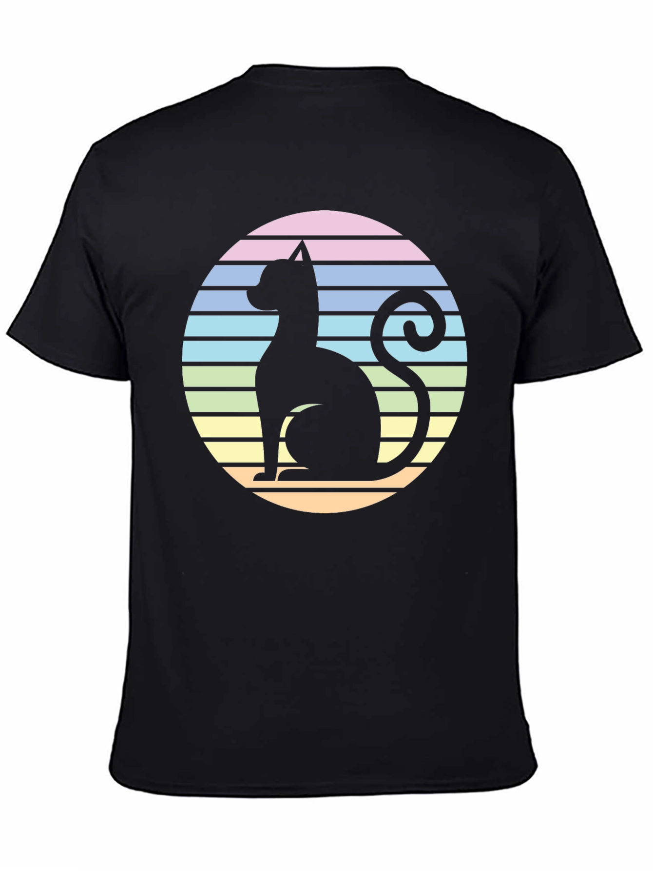 Retro Cat Silhouette T-Shirt - Striped Circle Design