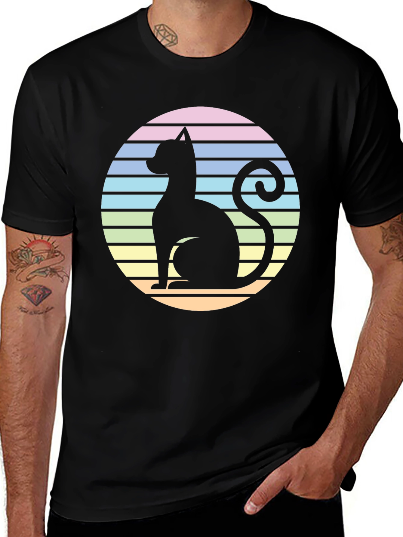 Retro Cat Silhouette T-Shirt - Striped Circle Design