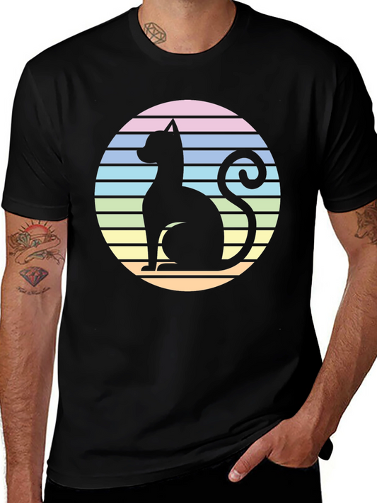 Retro Cat Silhouette T-Shirt - Striped Circle Design