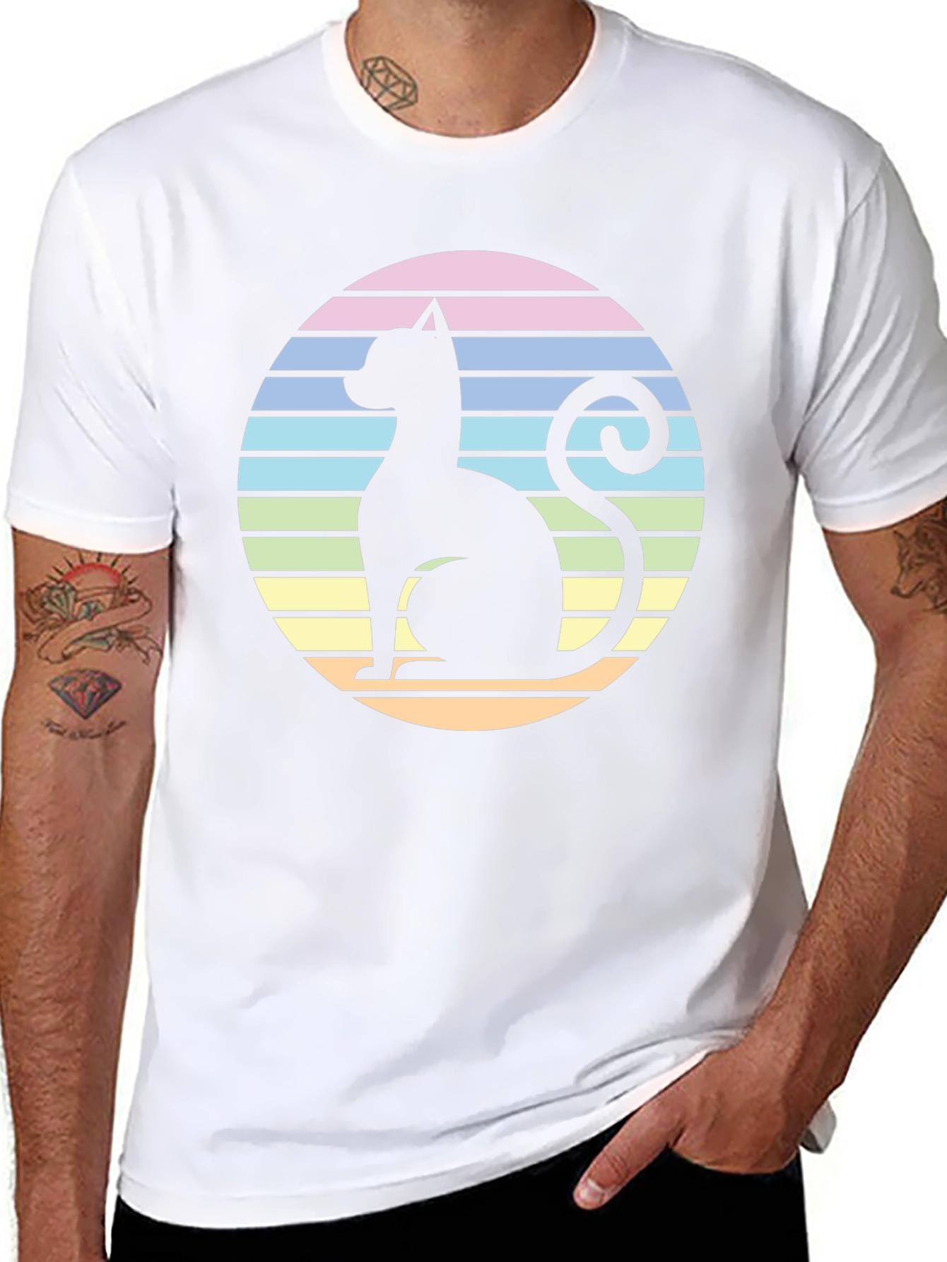 Retro Cat Silhouette T-Shirt - Striped Circle Design