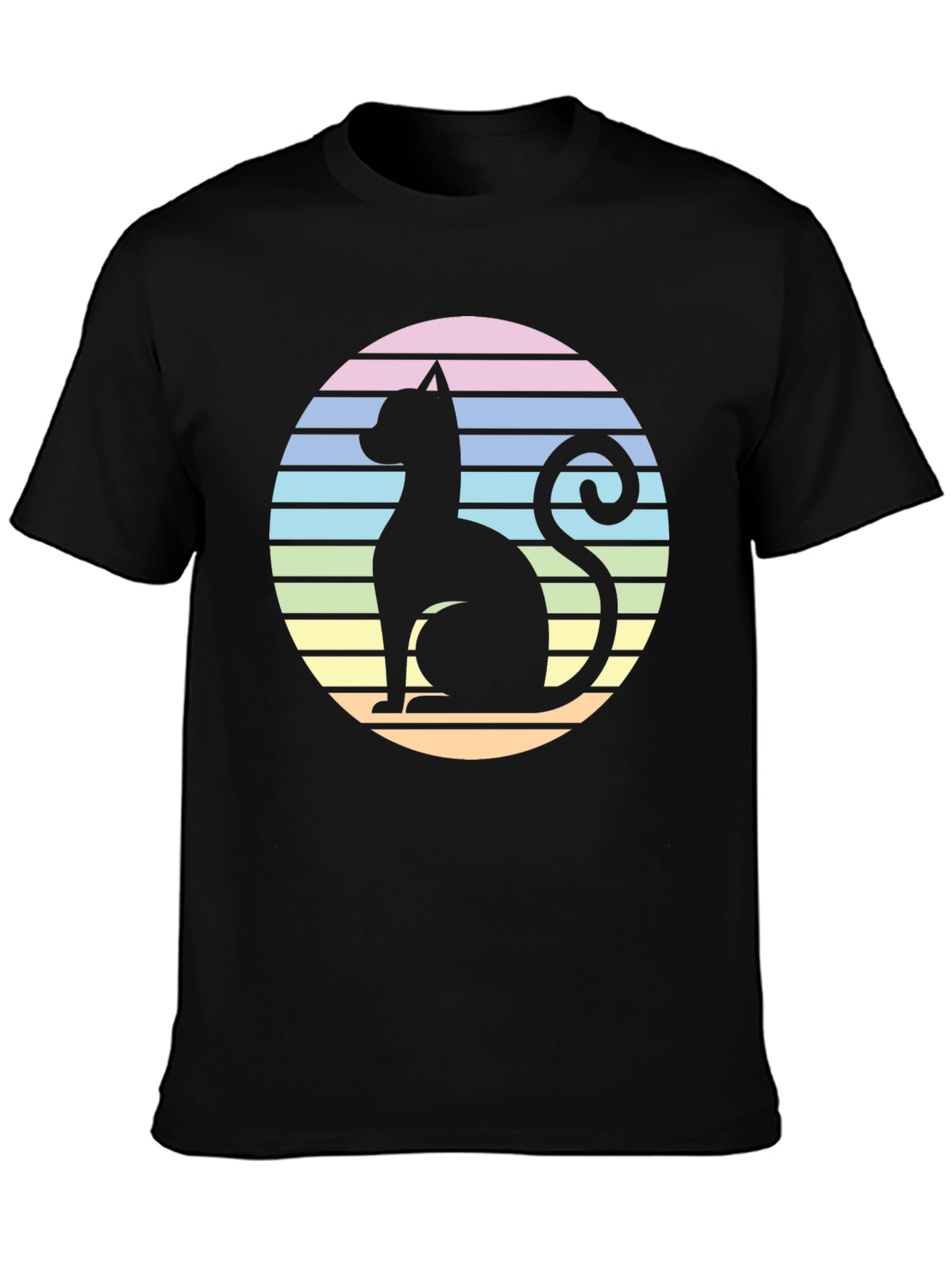 Retro Cat Silhouette T-Shirt - Striped Circle Design