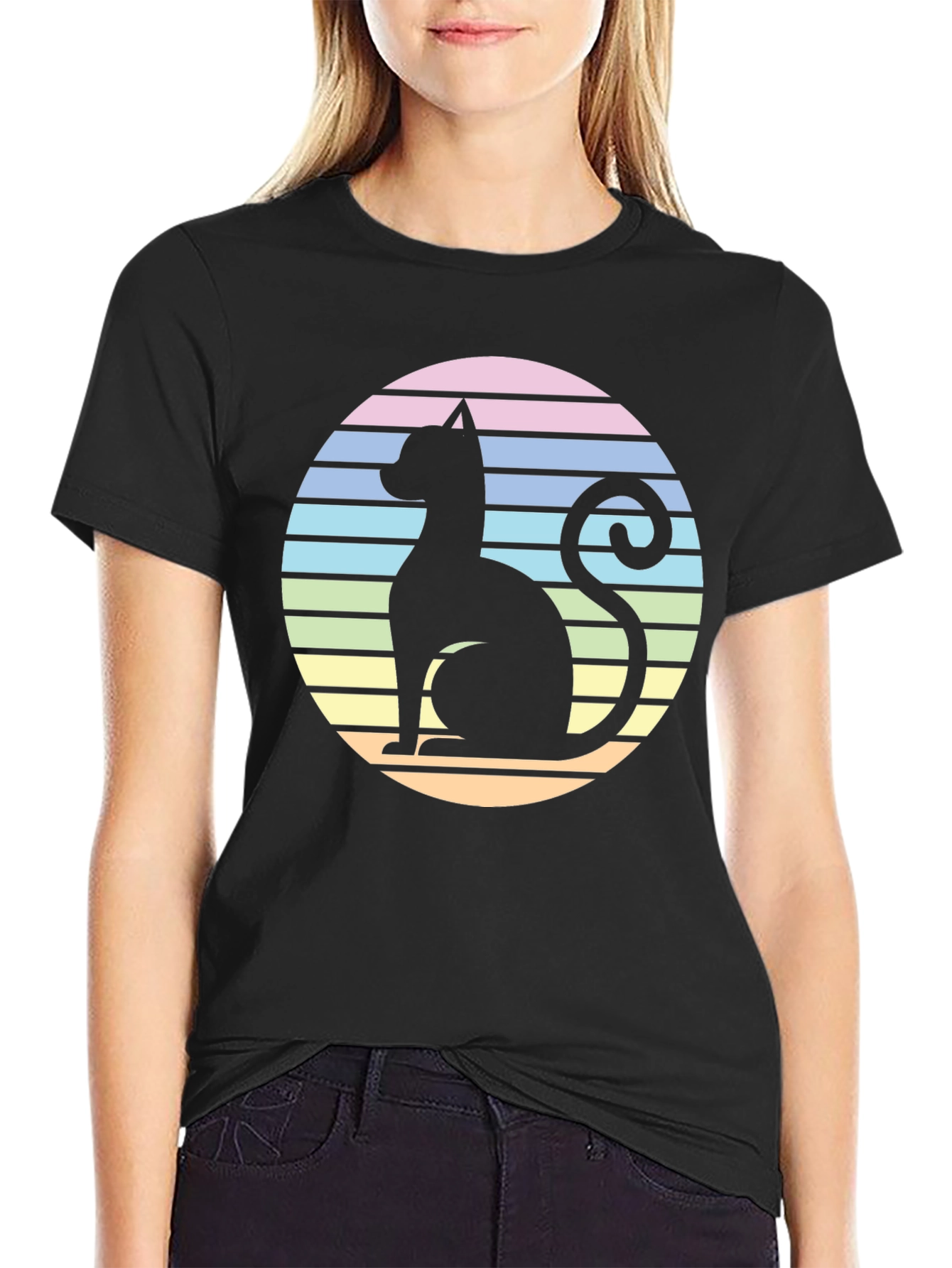 Retro Cat Silhouette T-Shirt - Striped Circle Design