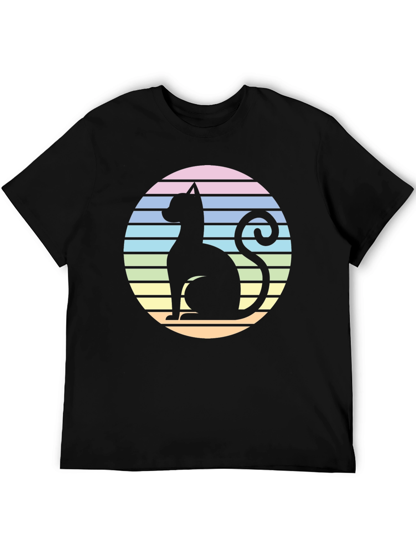 Retro Cat Silhouette T-Shirt - Striped Circle Design