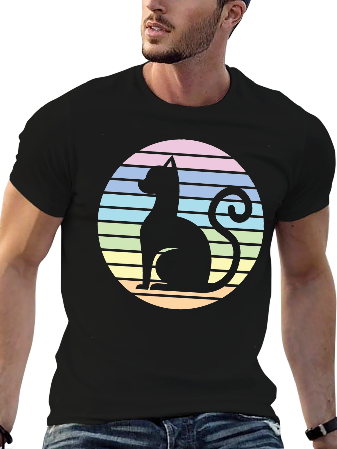 Retro Cat Silhouette T-Shirt - Striped Circle Design