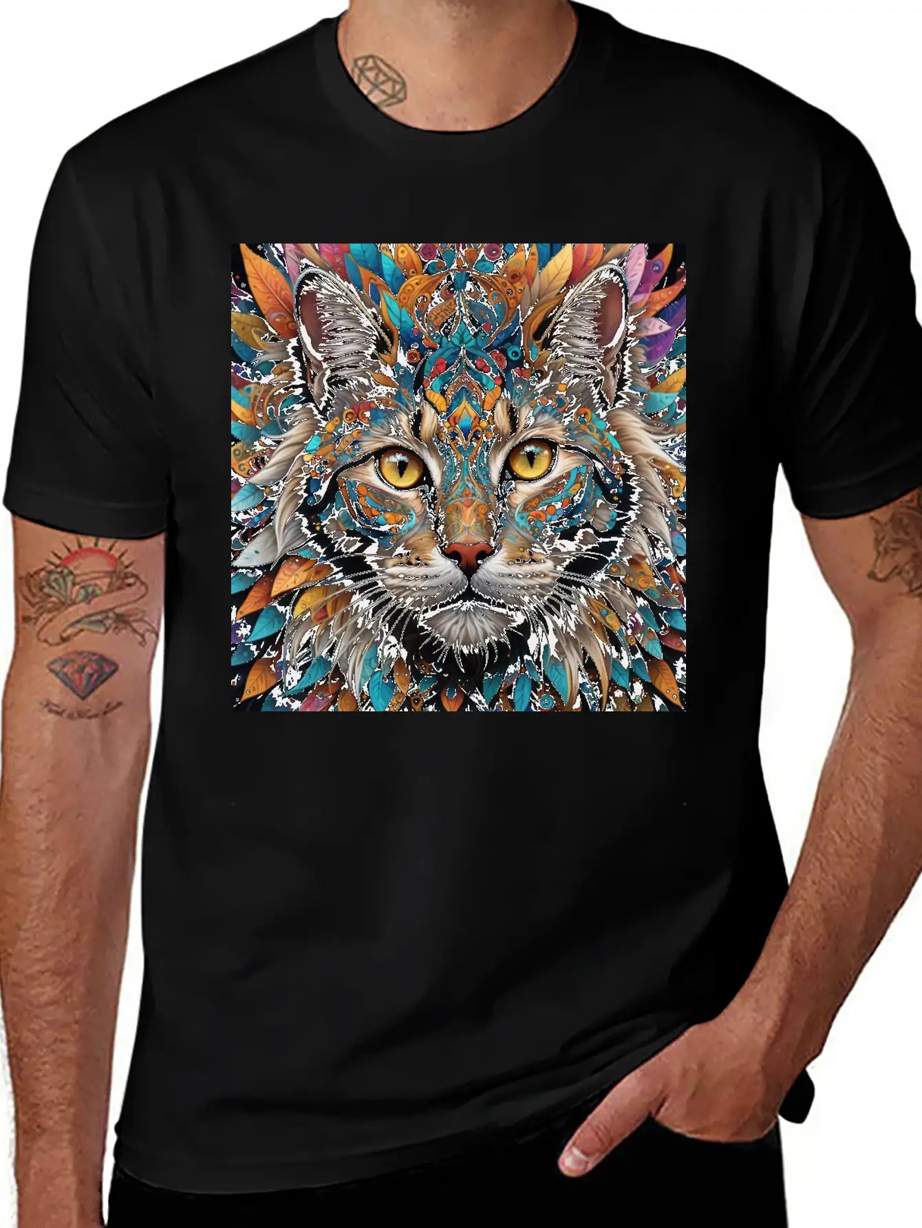 Face Of A Cat Remixed With A Pattern Design Unisex Short Sleeve Soft Cotton T-Shirt – Casual Everyday Wear