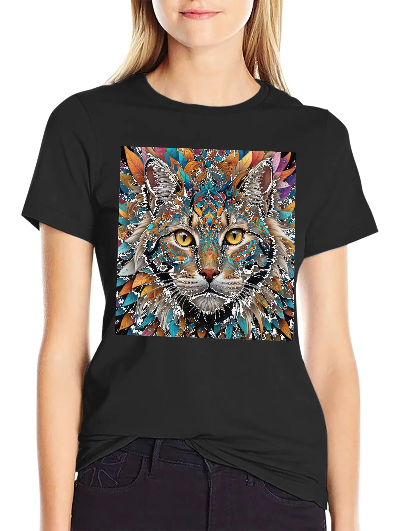 Face Of A Cat Remixed With A Pattern Design Unisex Short Sleeve Soft Cotton T-Shirt – Casual Everyday Wear