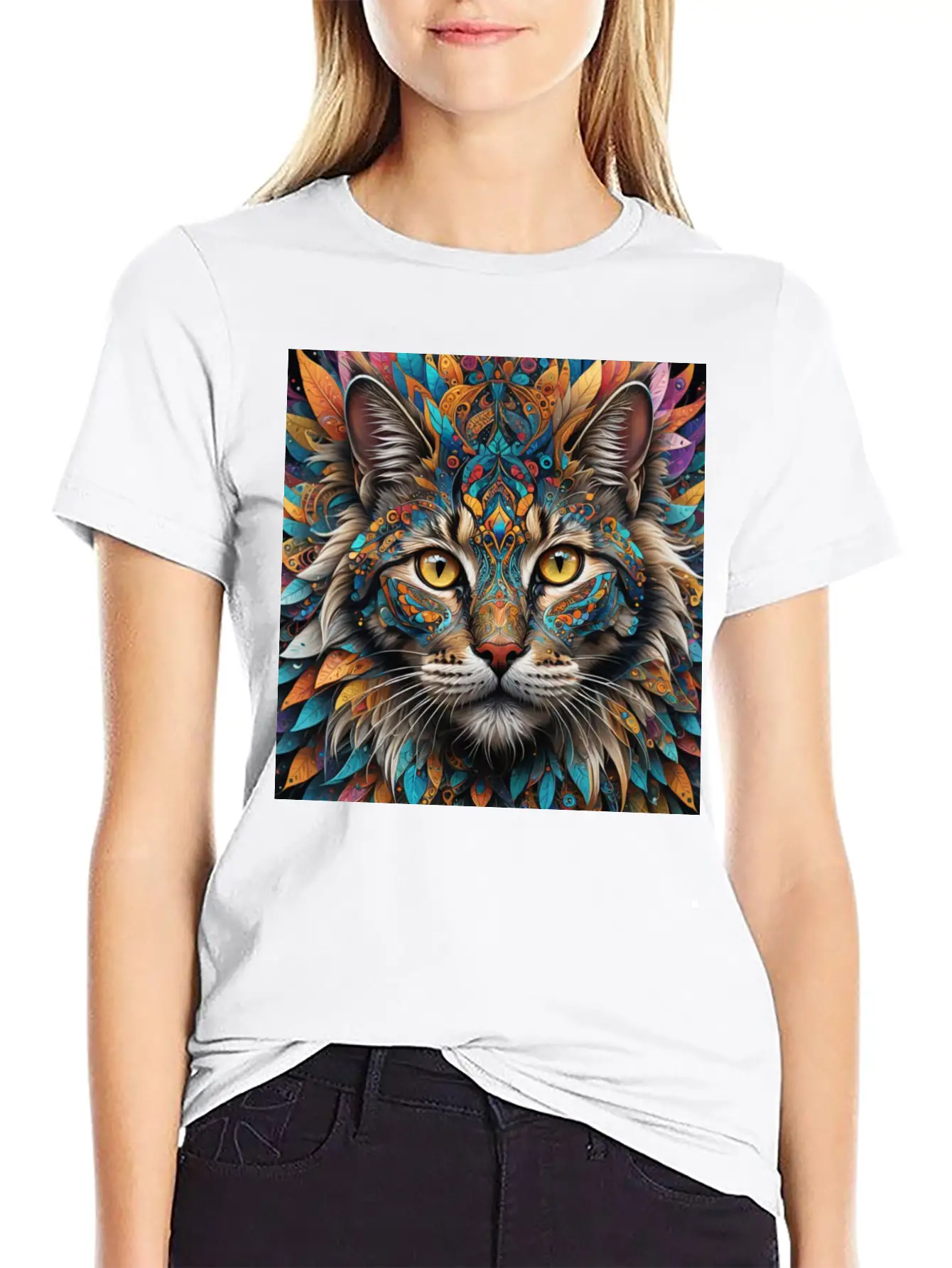 Face Of A Cat Remixed With A Pattern Design Unisex Short Sleeve Soft Cotton T-Shirt – Casual Everyday Wear