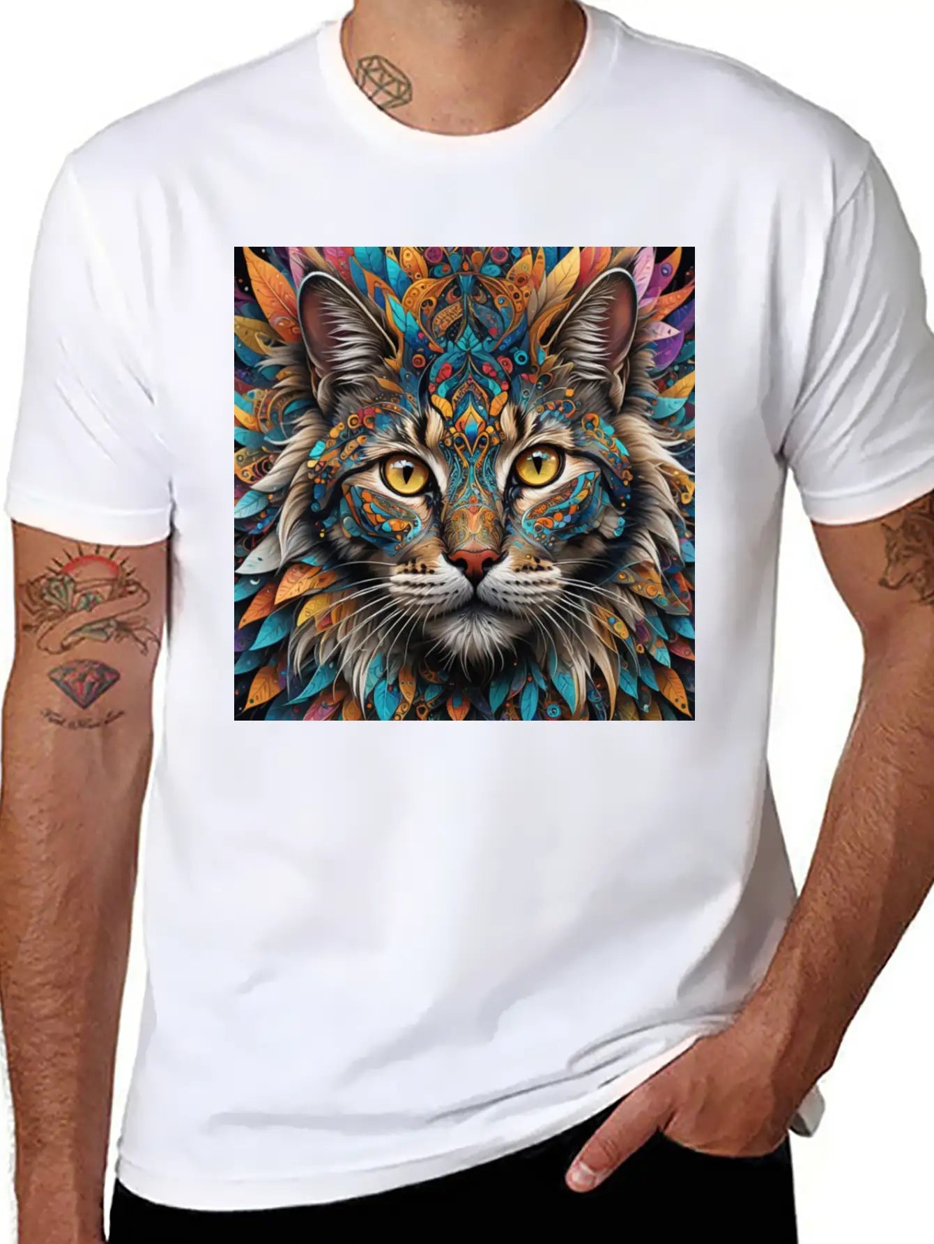 Face Of A Cat Remixed With A Pattern Design Unisex Short Sleeve Soft Cotton T-Shirt – Casual Everyday Wear