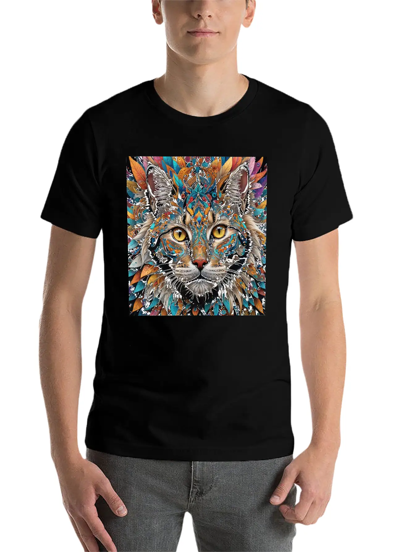 Face Of A Cat Remixed With A Pattern Design Unisex Short Sleeve Soft Cotton T-Shirt – Casual Everyday Wear
