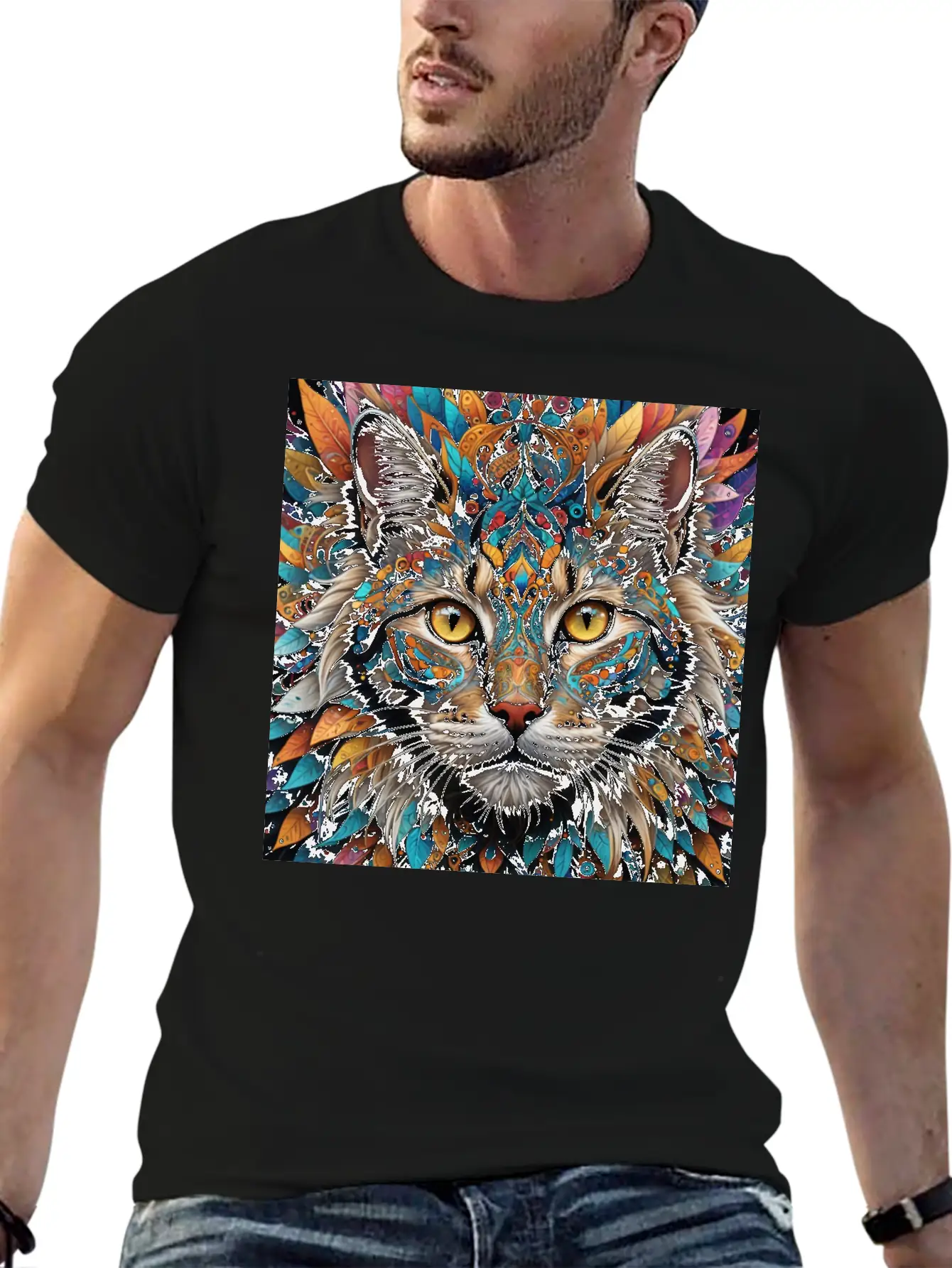Face Of A Cat Remixed With A Pattern Design Unisex Short Sleeve Soft Cotton T-Shirt – Casual Everyday Wear