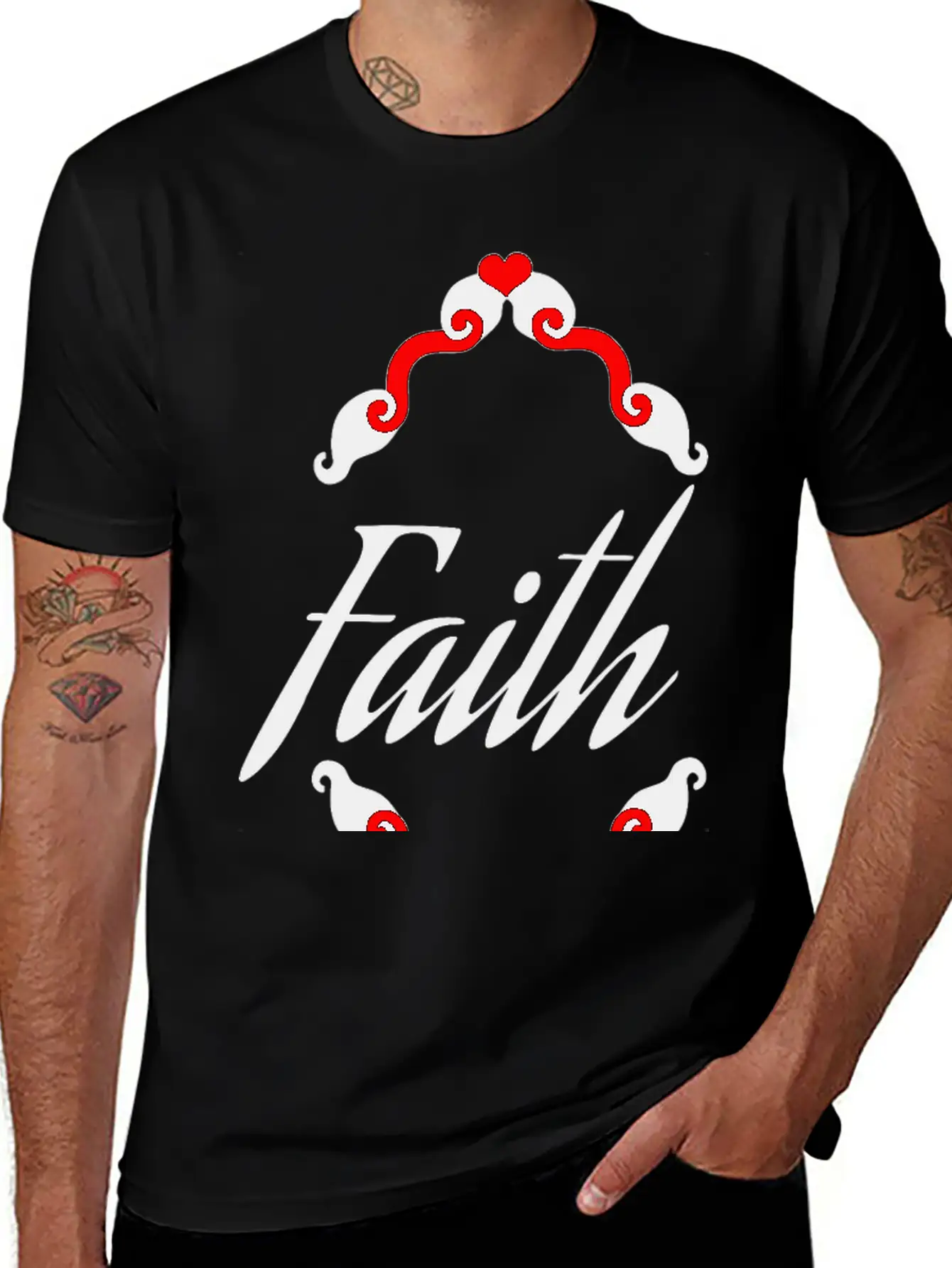 Faith In Black Cursive Diamond Heart Frame Unisex Short Sleeve Soft Cotton T-Shirt – Casual Everyday Wear