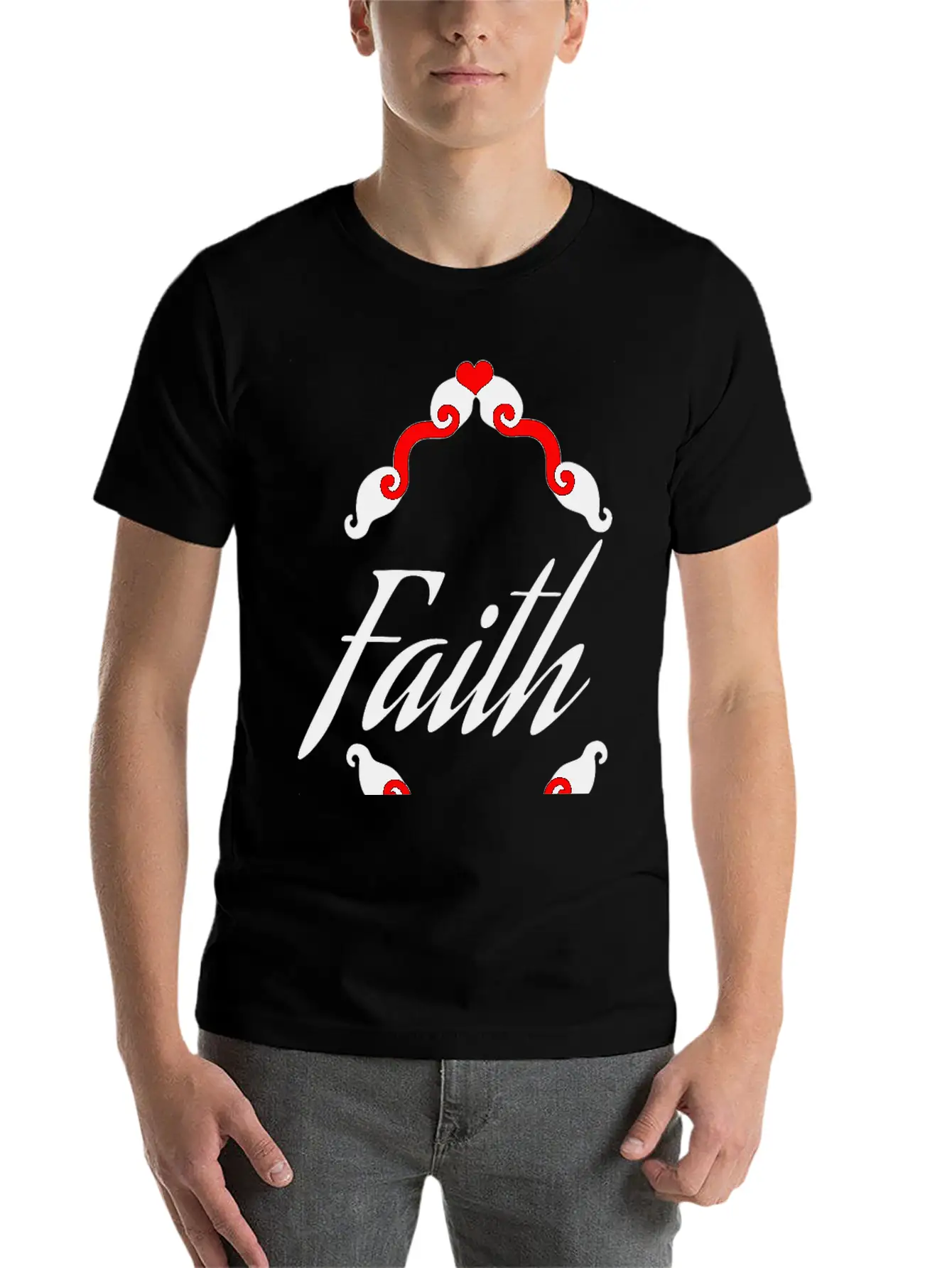 Faith In Black Cursive Diamond Heart Frame Unisex Short Sleeve Soft Cotton T-Shirt – Casual Everyday Wear