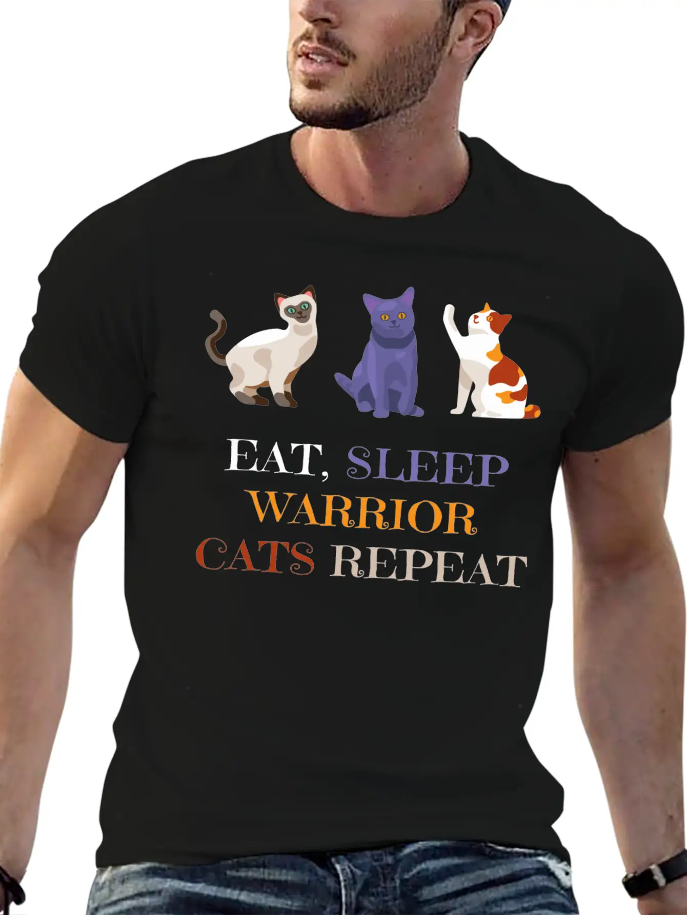 Fat Sleep Warrior Cats Repeat Basic Graphic T-Shirt – Daily Comfort In Soft Cotton