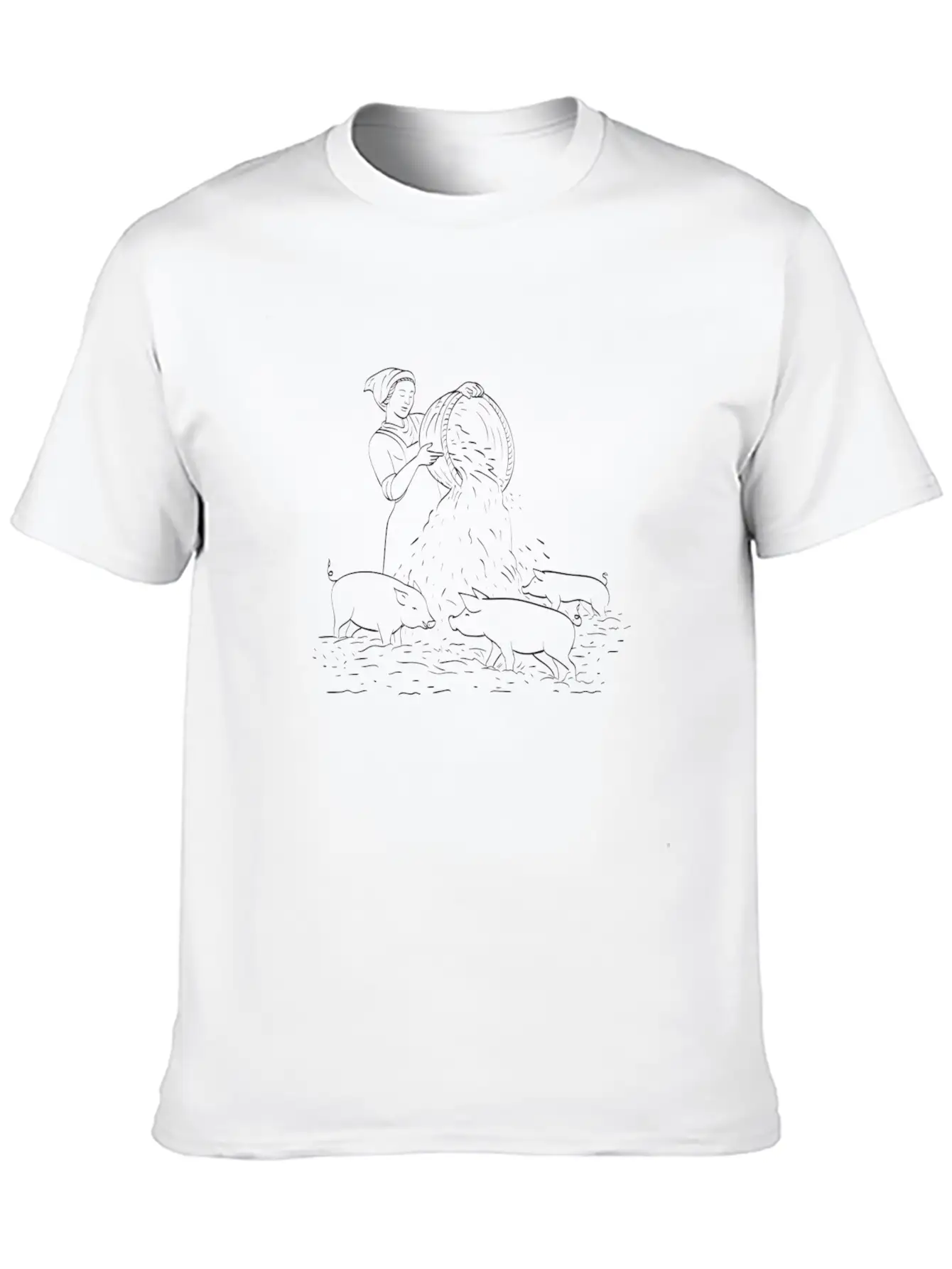 Female Peasant Farmer Feeding Pigs Line Art Unisex Short Sleeve Soft Cotton T-Shirt – Casual Everyday Wear