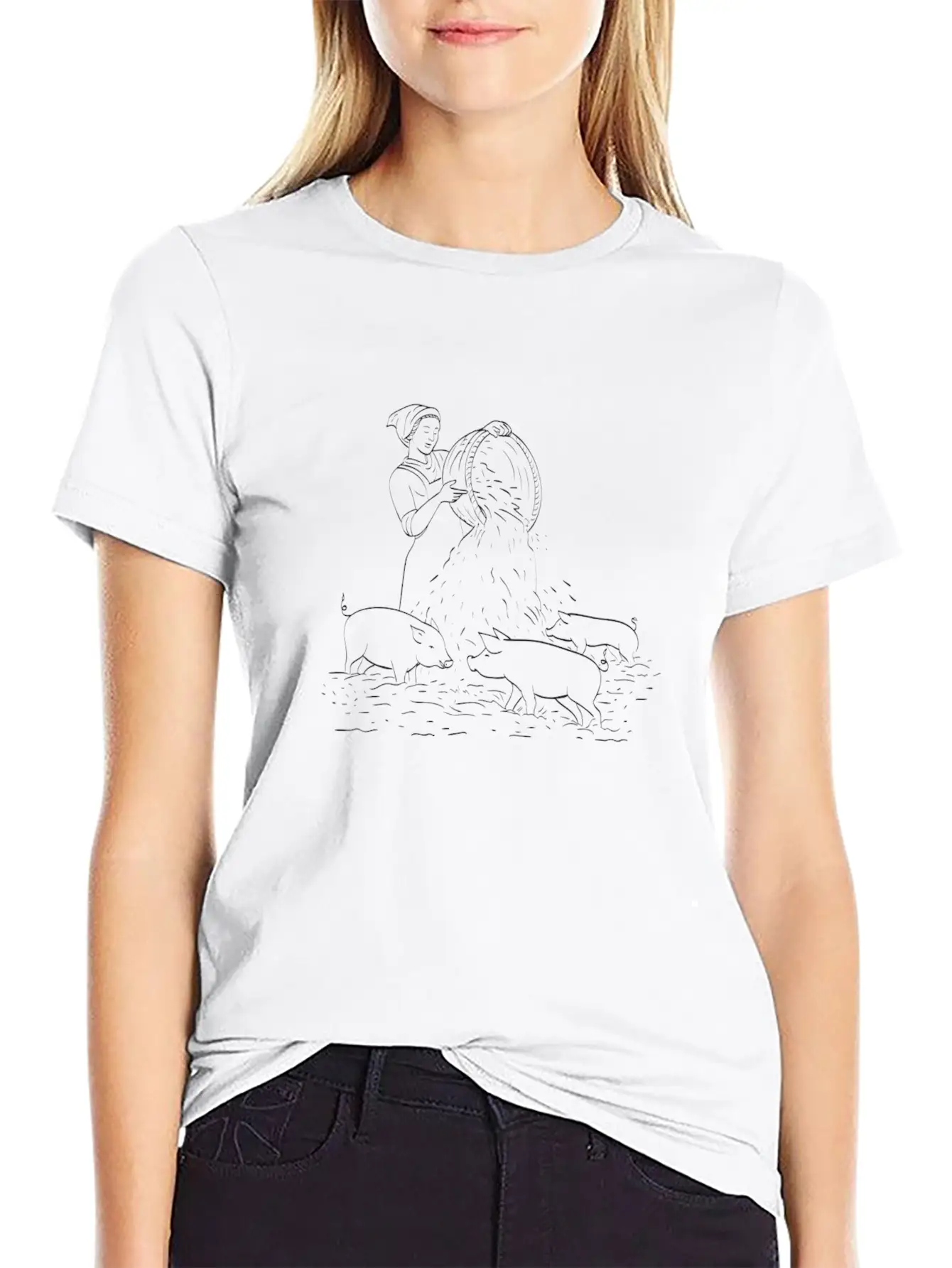 Female Peasant Farmer Feeding Pigs Line Art Unisex Short Sleeve Soft Cotton T-Shirt – Casual Everyday Wear