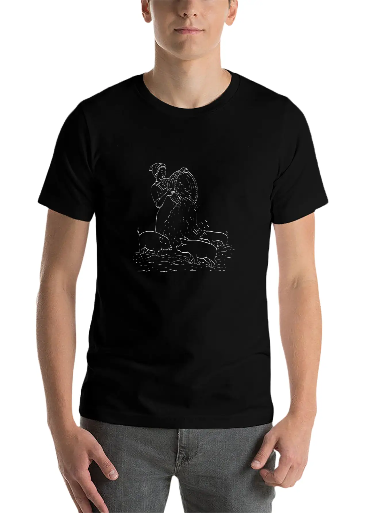 Female Peasant Farmer Feeding Pigs Line Art Unisex Short Sleeve Soft Cotton T-Shirt – Casual Everyday Wear