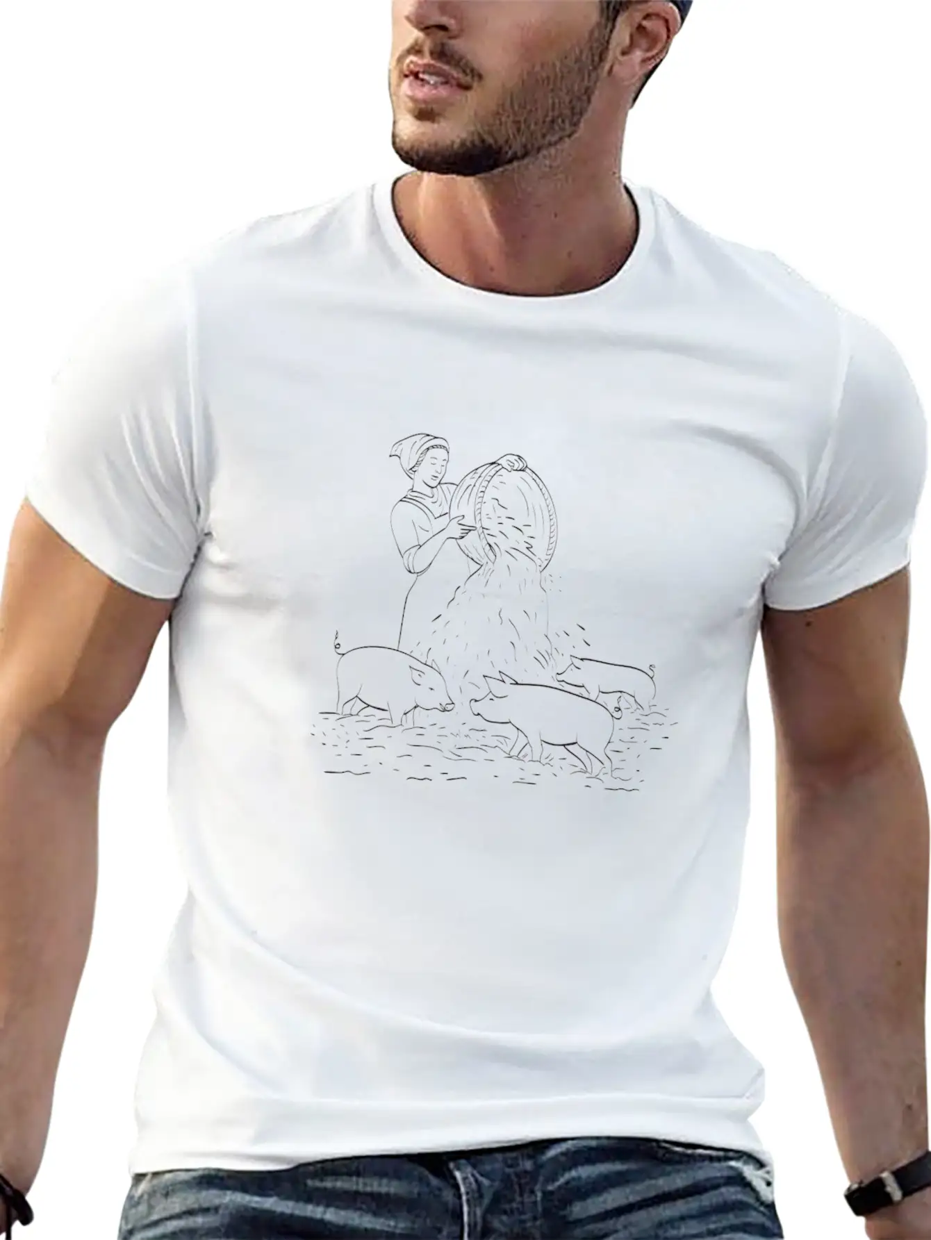 Female Peasant Farmer Feeding Pigs Line Art Unisex Short Sleeve Soft Cotton T-Shirt – Casual Everyday Wear