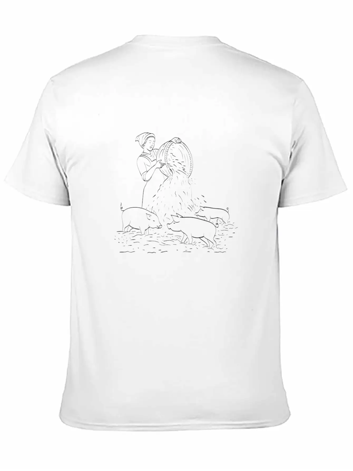 Female Peasant Farmer Feeding Pigs Line Art Unisex Short Sleeve Soft Cotton T-Shirt – Casual Everyday Wear