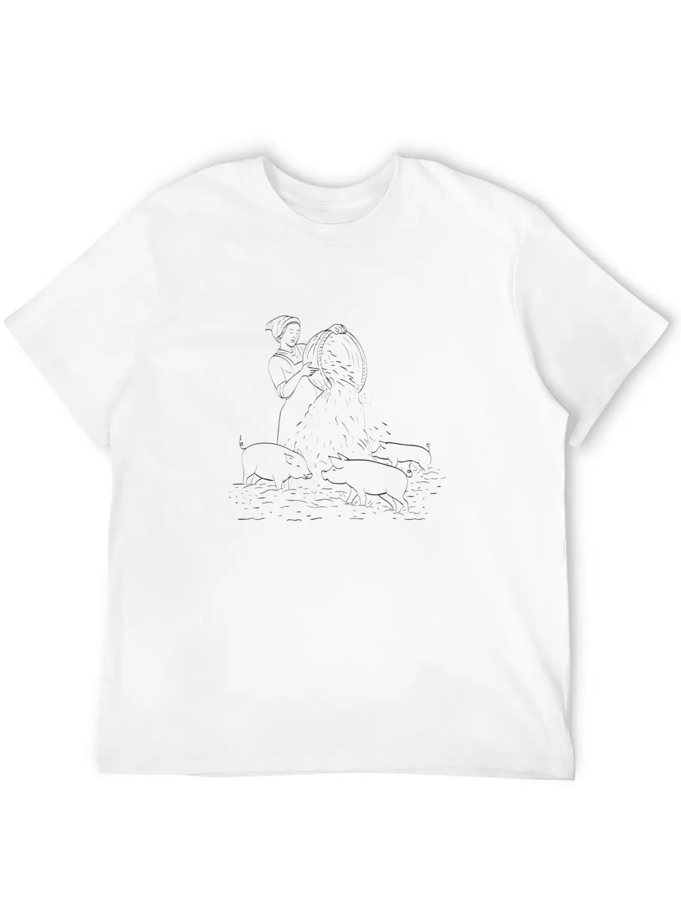 Female Peasant Farmer Feeding Pigs Line Art Unisex Short Sleeve Soft Cotton T-Shirt – Casual Everyday Wear