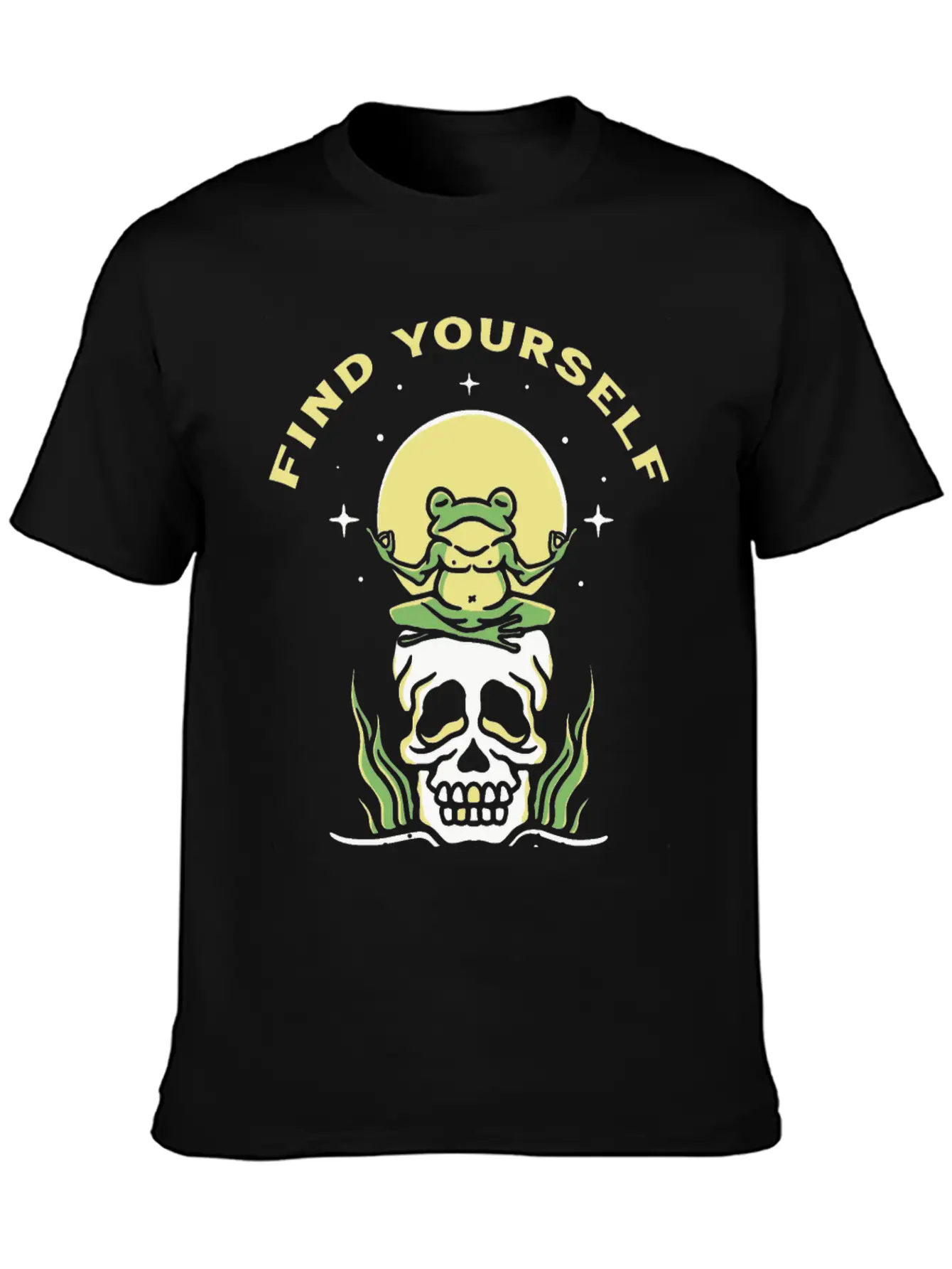 Find Yourself - Yoga Frog On Skull Basic Graphic T-Shirt – Daily Comfort In Soft Cotton
