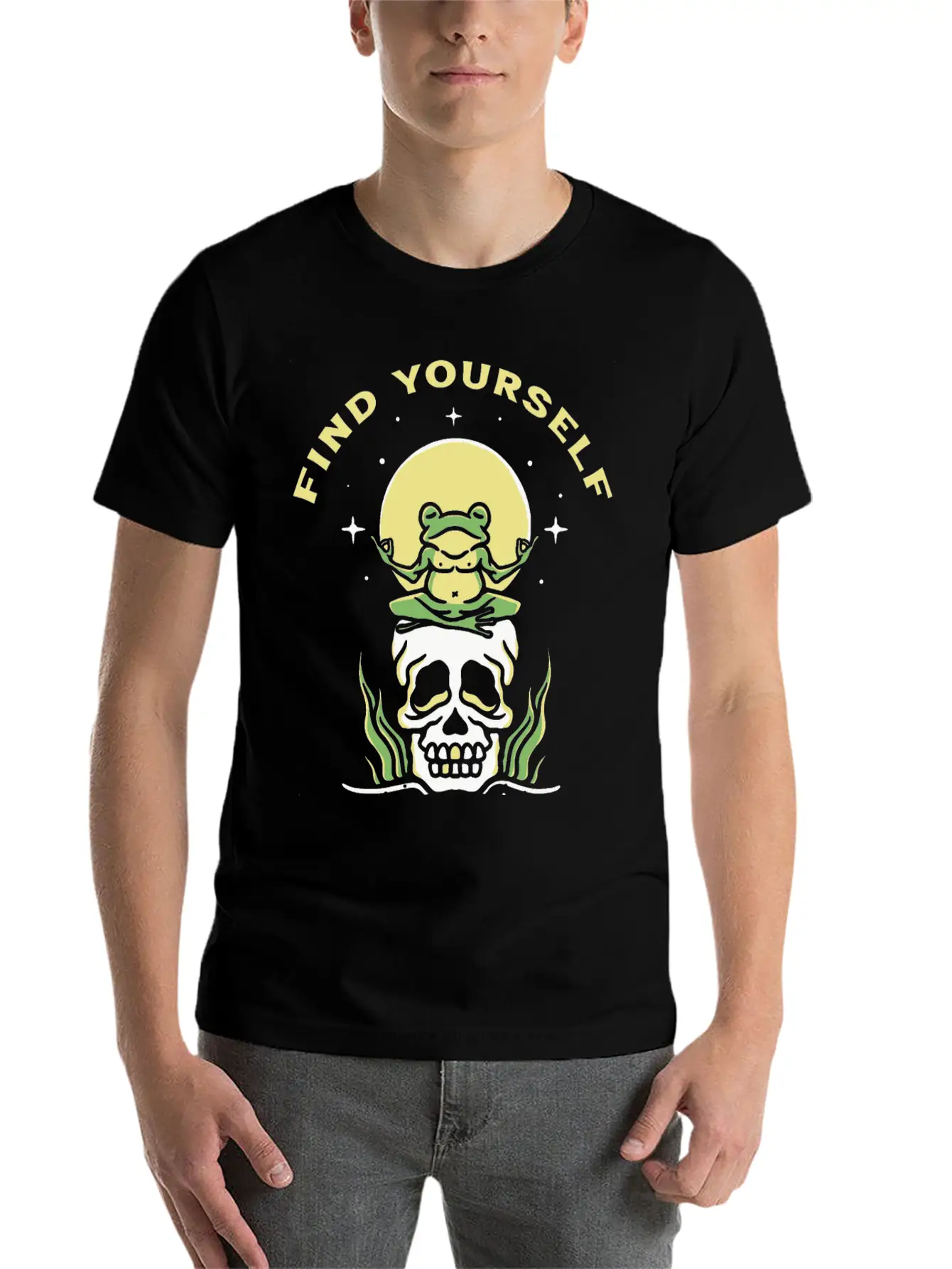 Find Yourself - Yoga Frog On Skull Basic Graphic T-Shirt – Daily Comfort In Soft Cotton