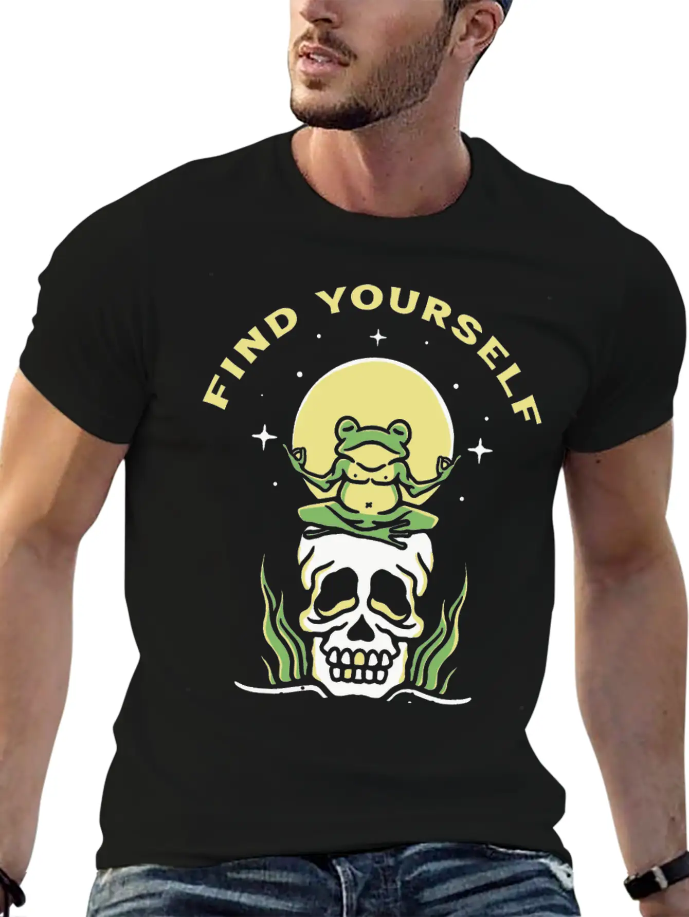 Find Yourself - Yoga Frog On Skull Basic Graphic T-Shirt – Daily Comfort In Soft Cotton