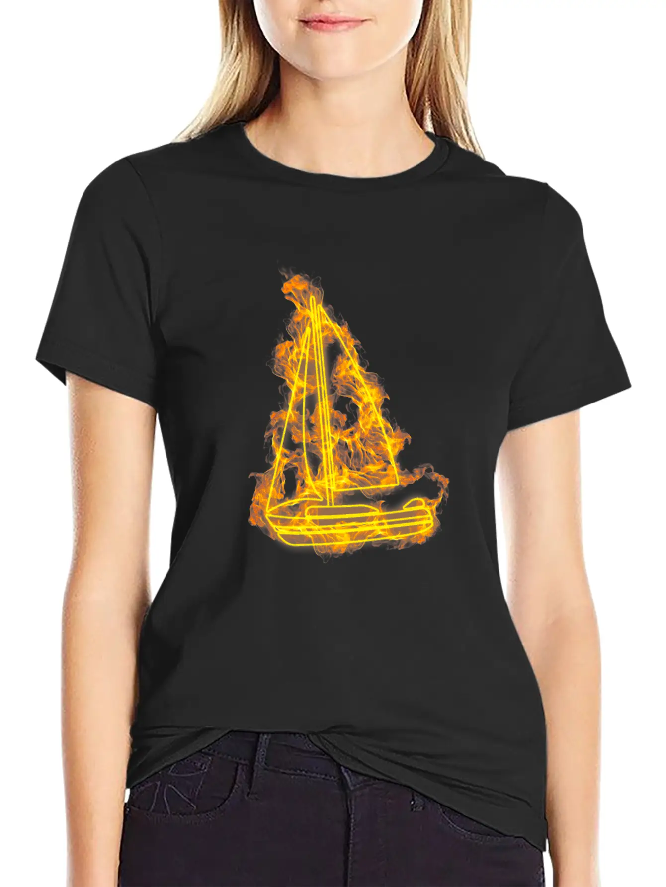 Fire Sailing Flames Boat Unisex Short Sleeve Soft Cotton T-Shirt – Casual Everyday Wear