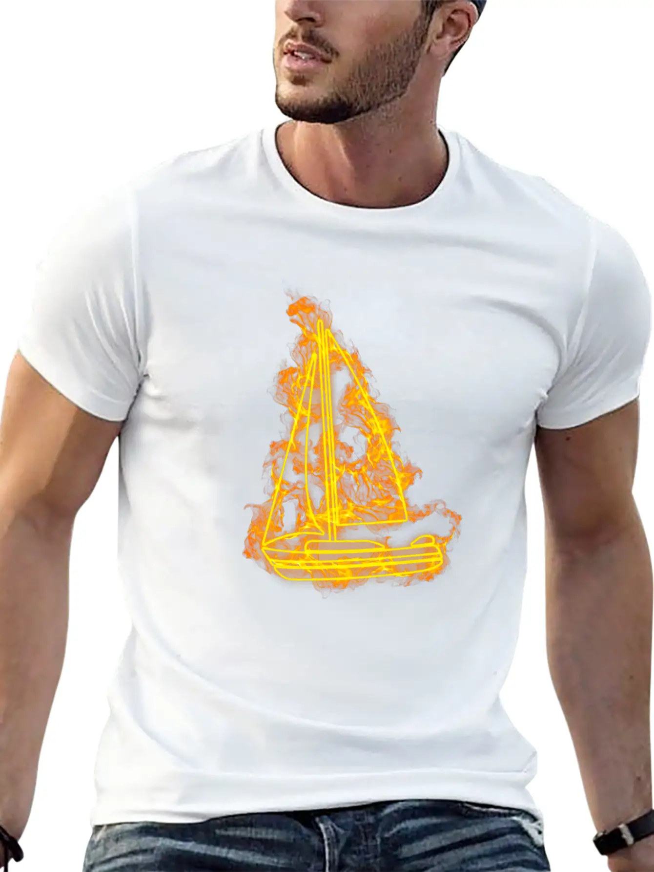 Fire Sailing Flames Boat Unisex Short Sleeve Soft Cotton T-Shirt – Casual Everyday Wear