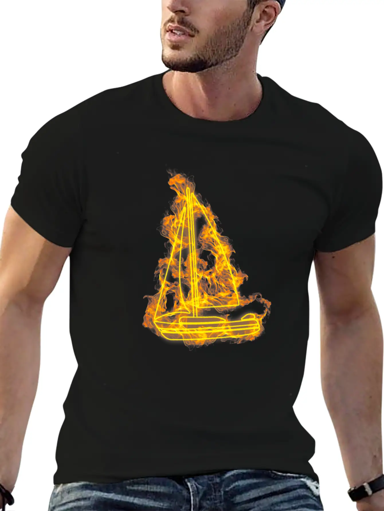 Fire Sailing Flames Boat Unisex Short Sleeve Soft Cotton T-Shirt – Casual Everyday Wear