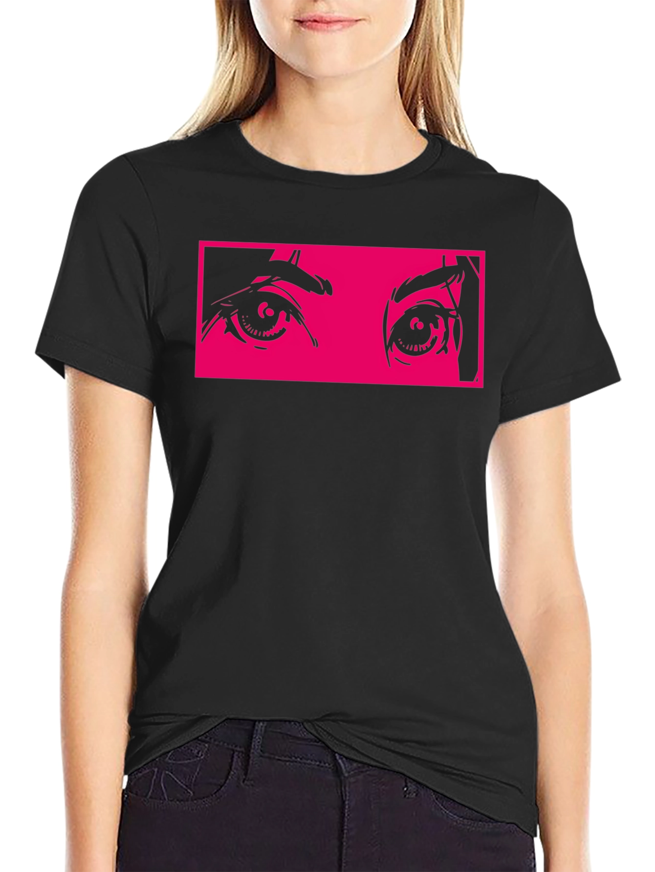 Anime Eyes Graphic Tee - Black Cotton T-Shirt