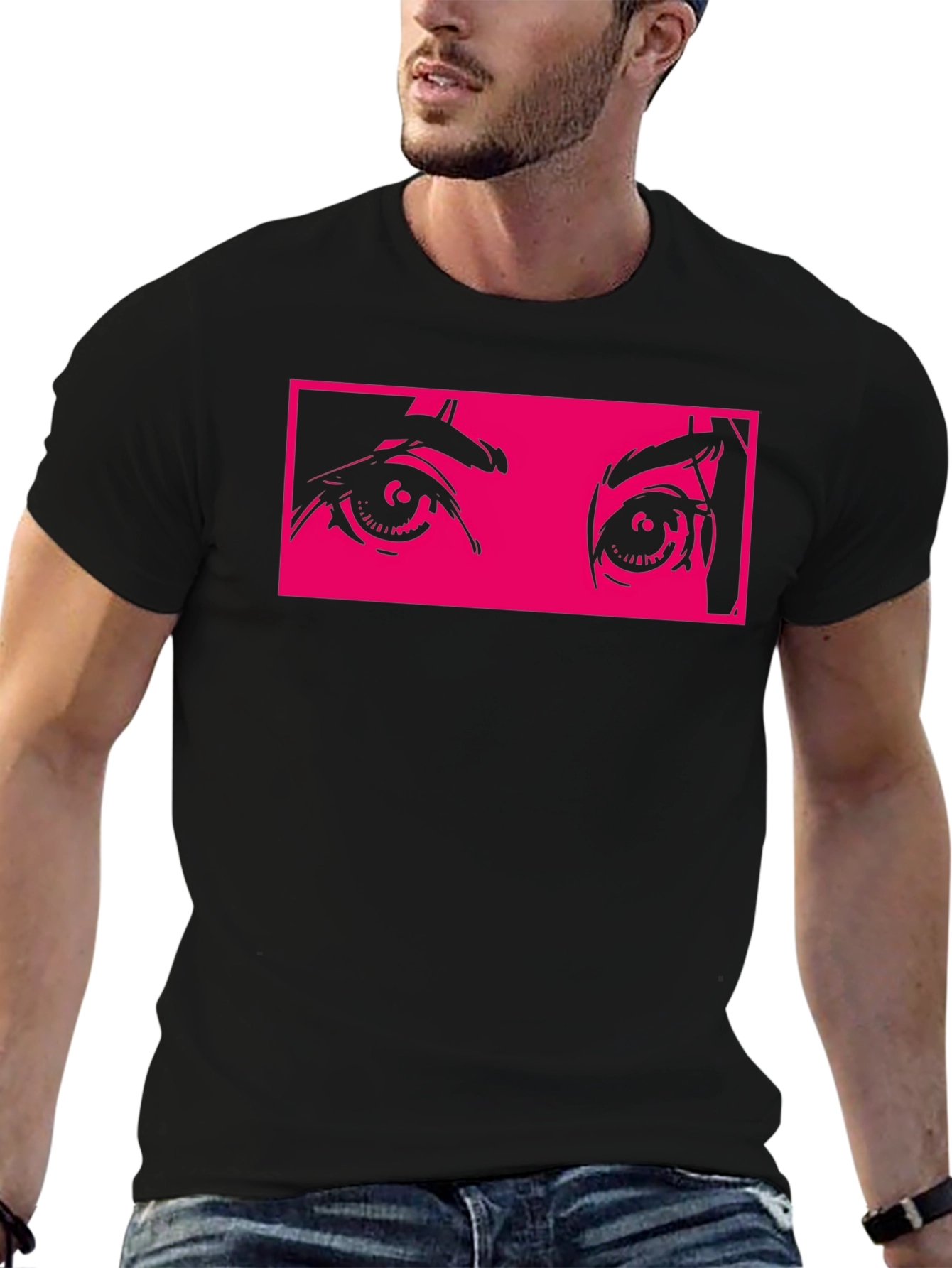 Anime Eyes Graphic Tee - Black Cotton T-Shirt