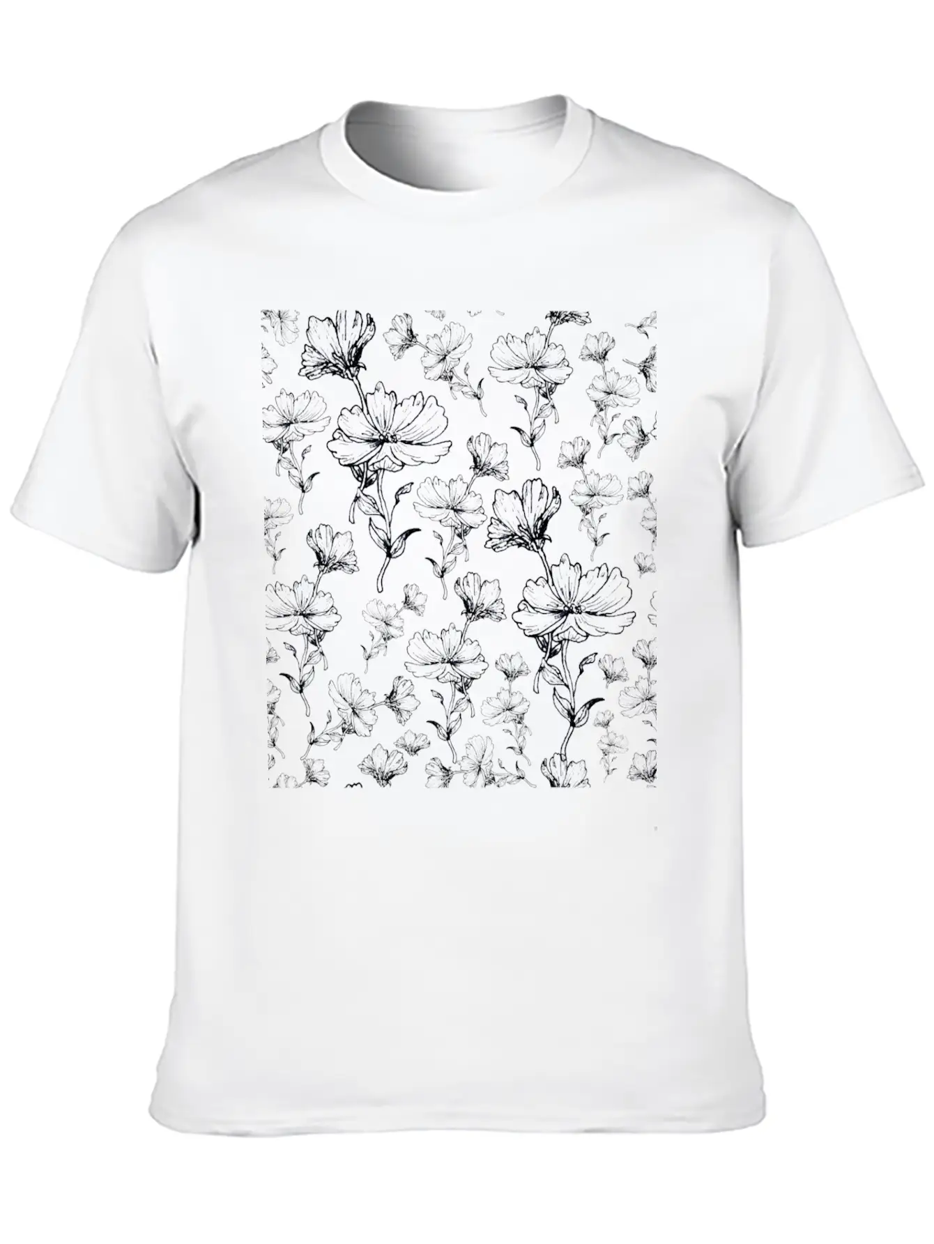 Flowers Ink Sketch Pattern Unisex Short Sleeve Soft Cotton T-Shirt – Casual Everyday Wear